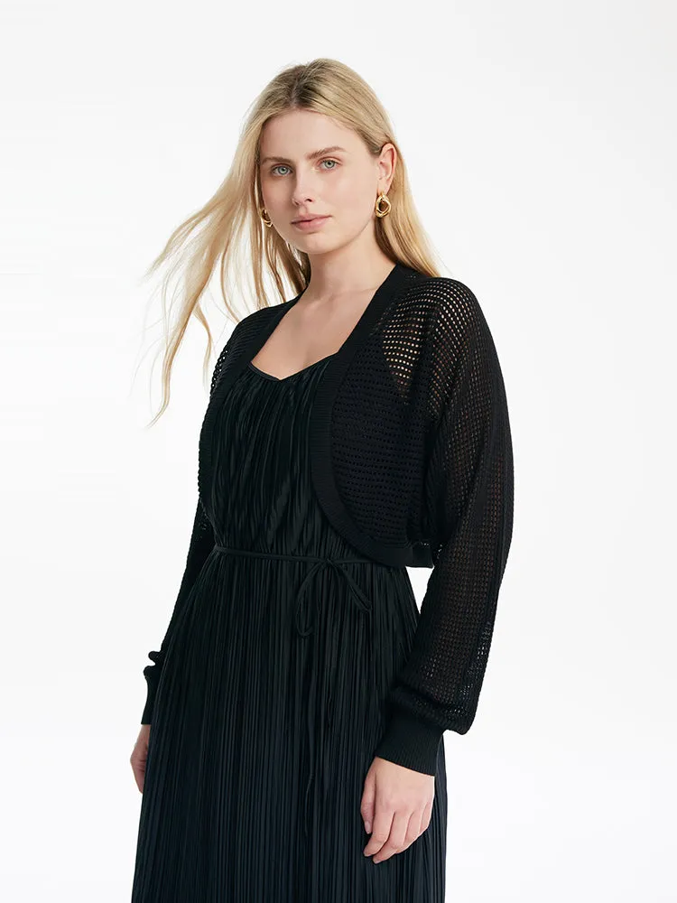 Pleated Spaghetti Strap Midi Dress And Knitted Openwork Cardigan Two-Piece Set