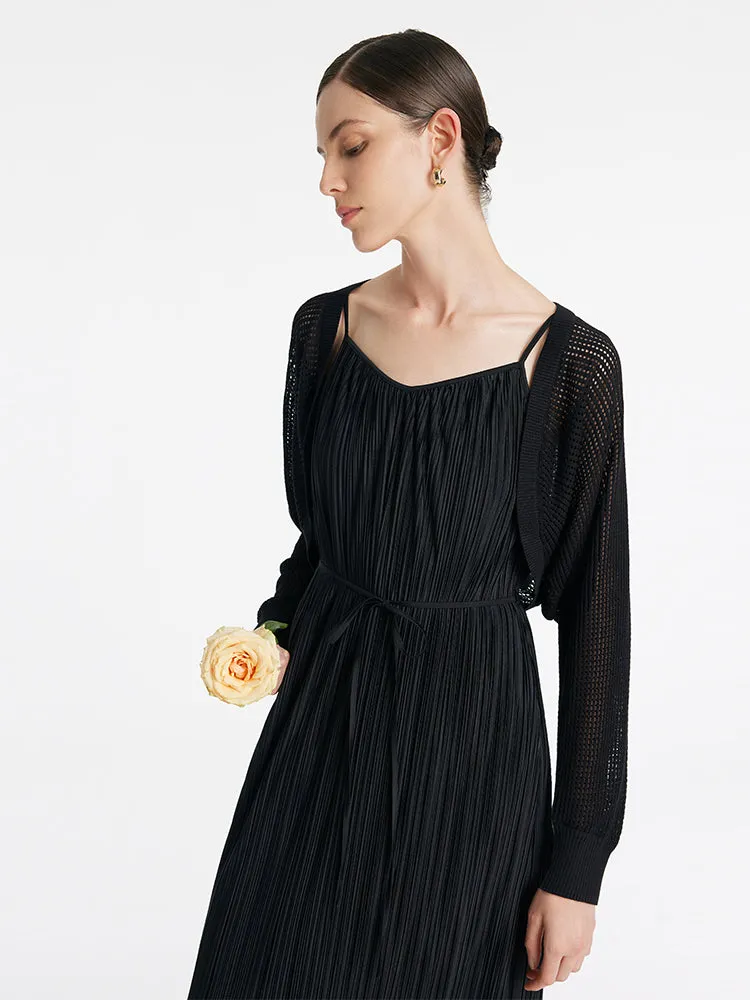 Pleated Spaghetti Strap Midi Dress And Knitted Openwork Cardigan Two-Piece Set