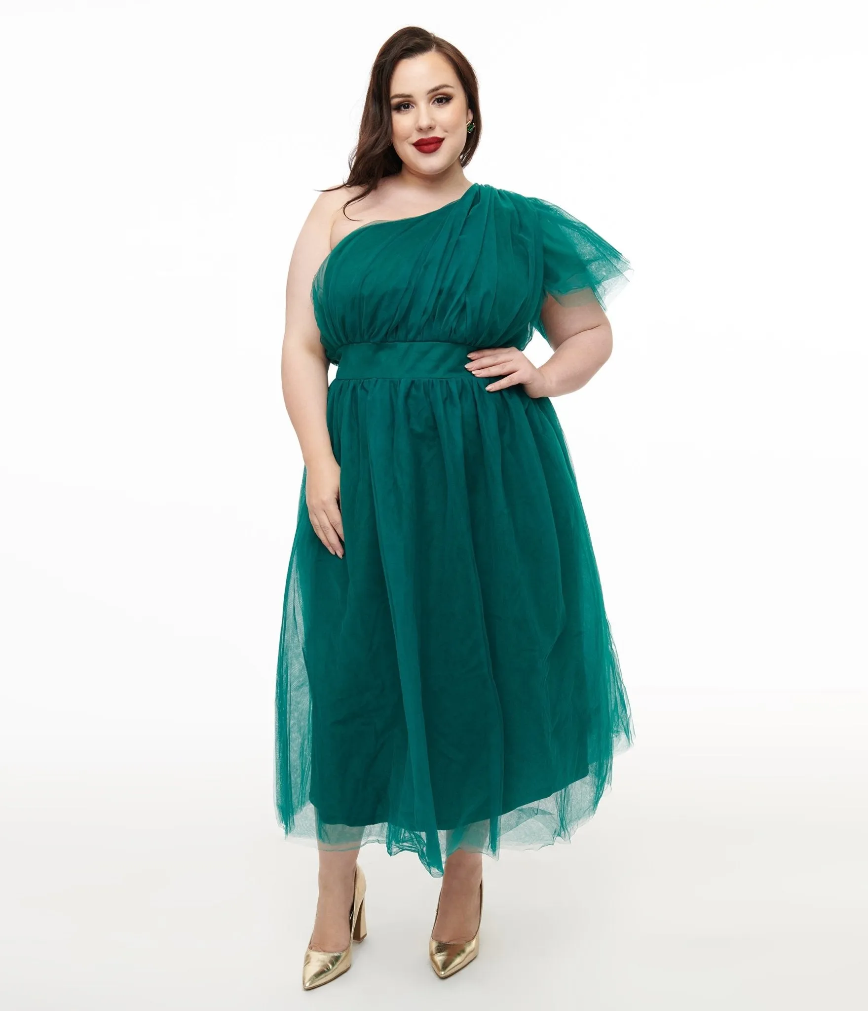 Plus Size Emerald Tulle Lively Charm Midi Dress