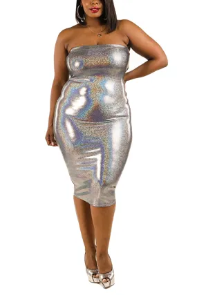 Plus Size Off-the-Shoulder Hologram Metallic Club Tube Dress