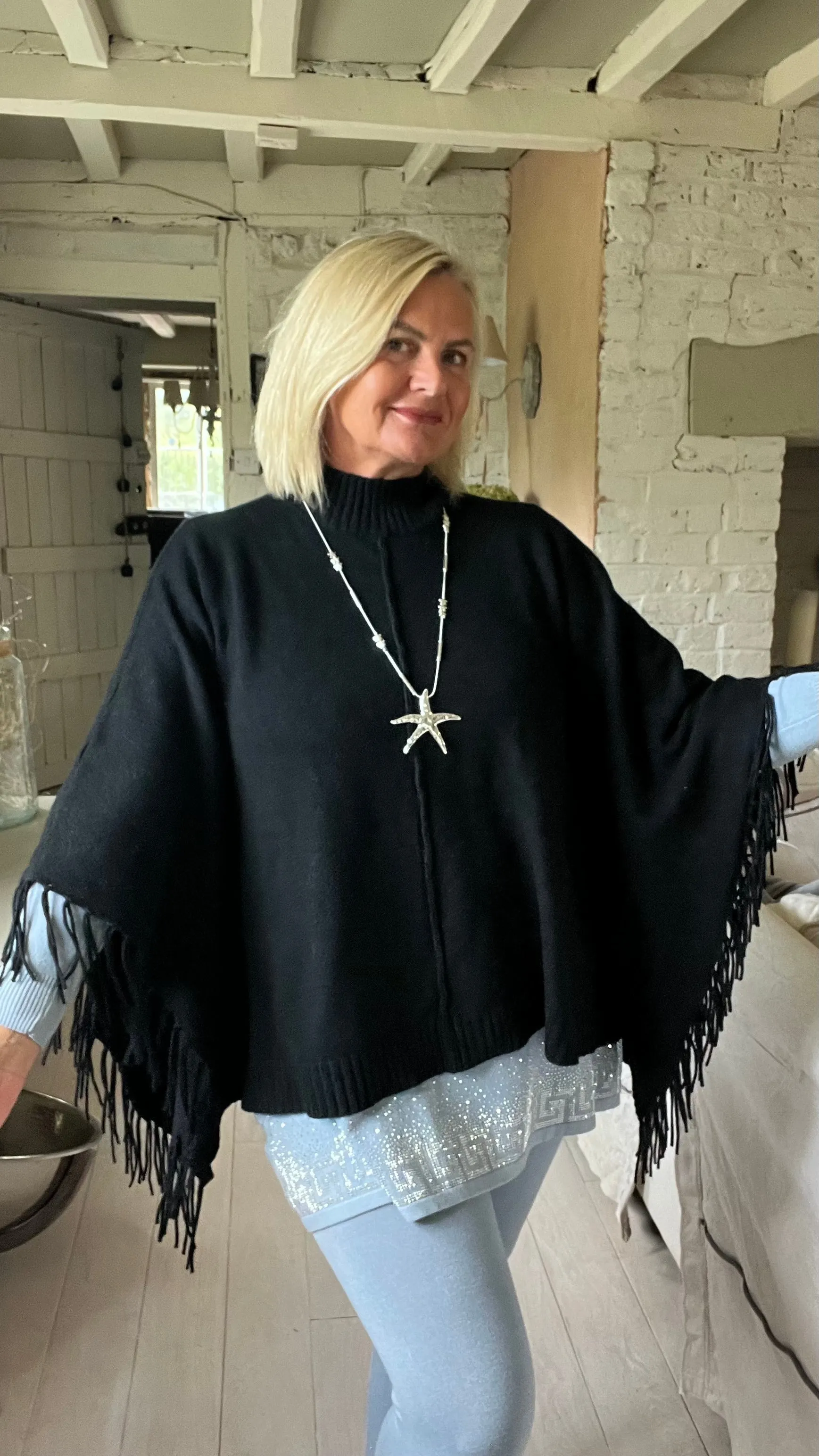 Positano Funnel Neck Open Poncho free size in Black