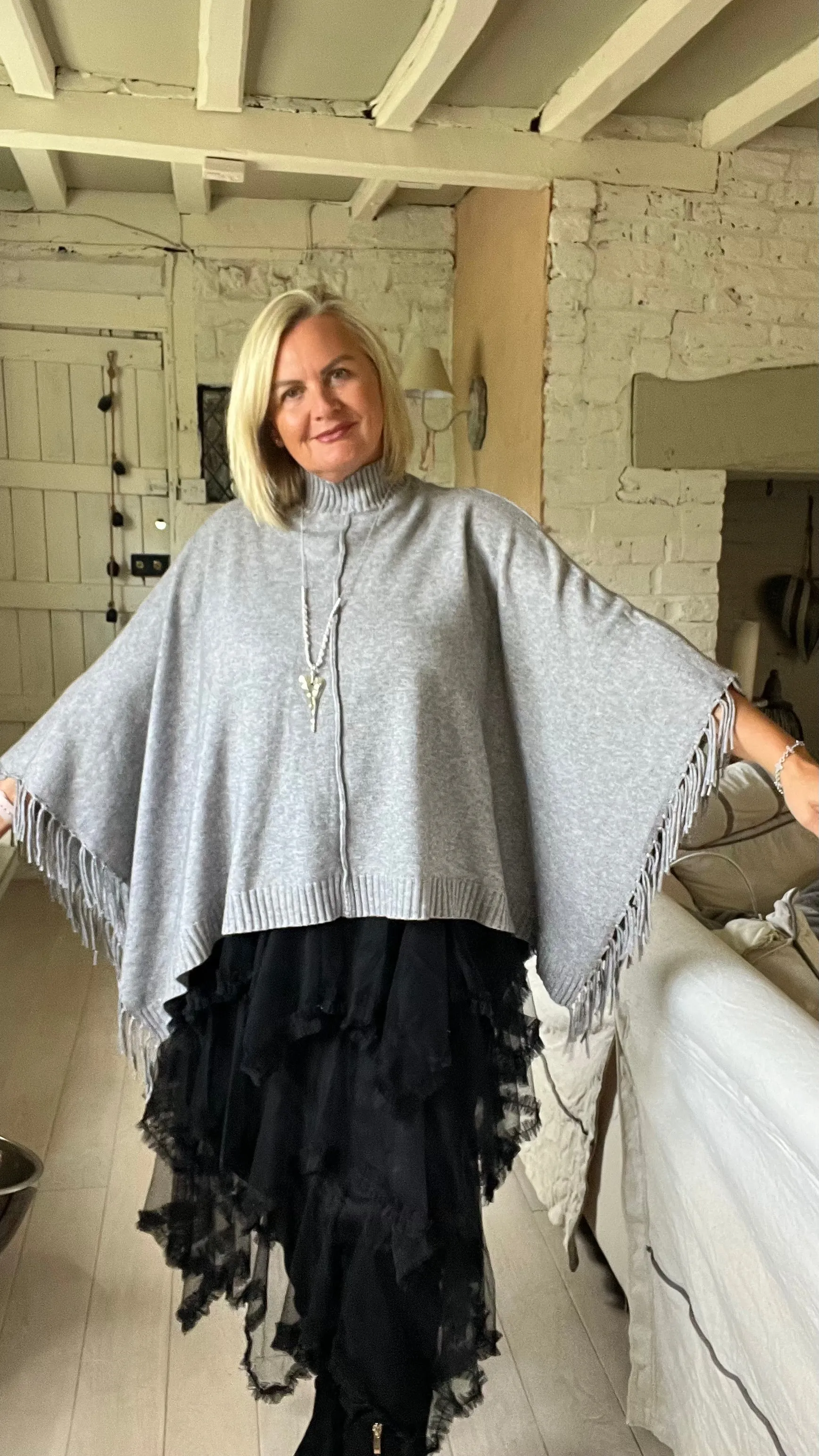 Positano Funnel Neck Open Poncho free size in Grey