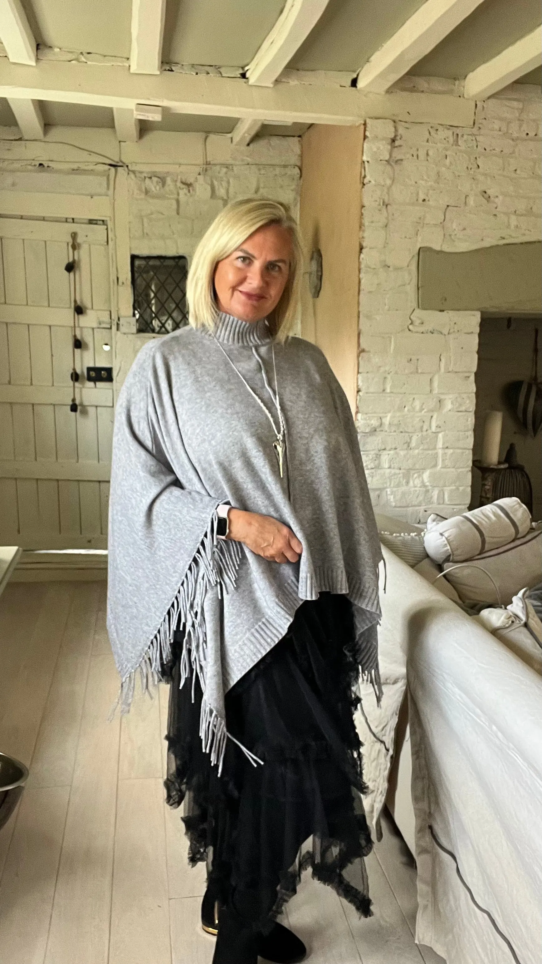 Positano Funnel Neck Open Poncho free size in Grey