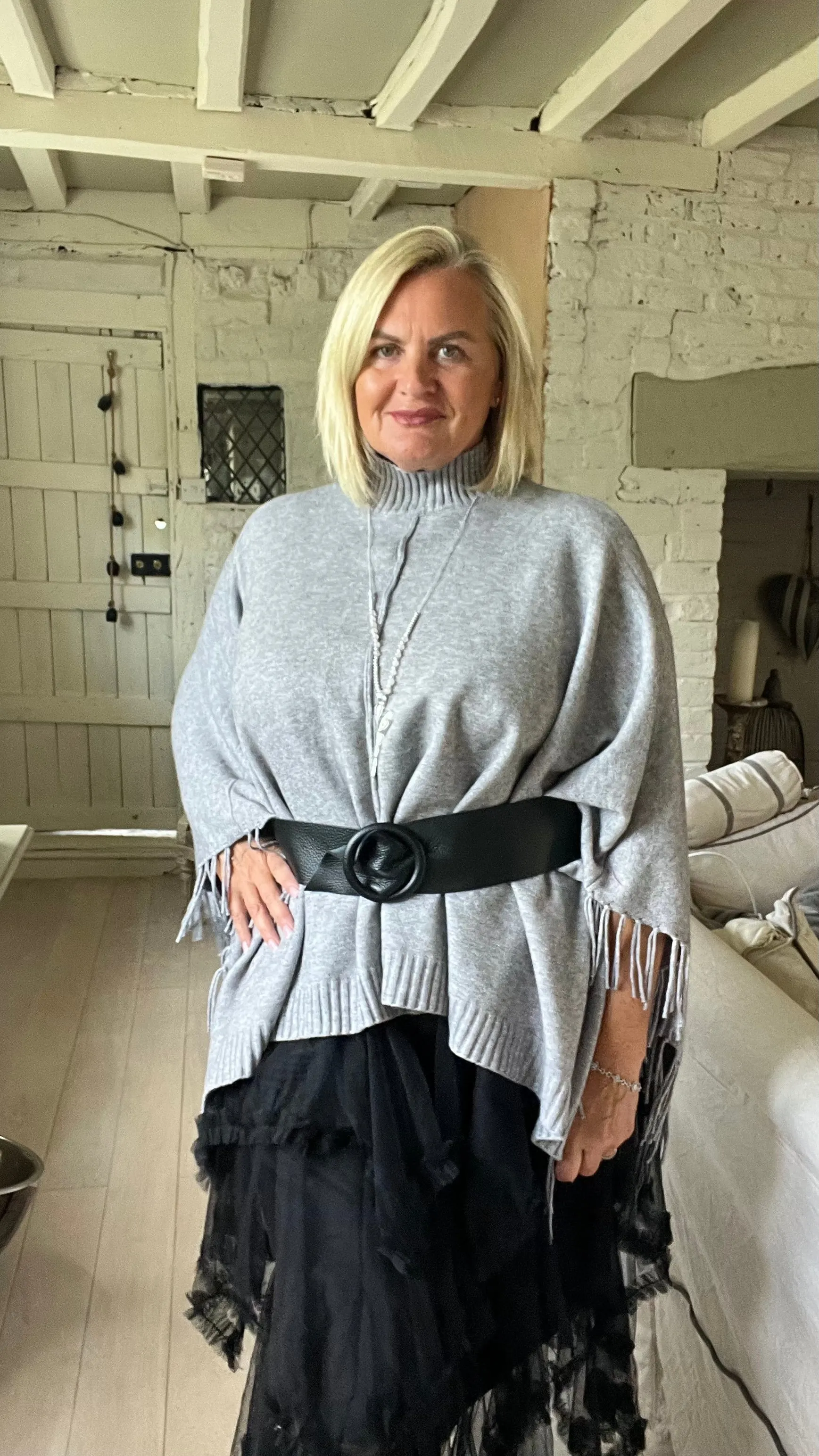 Positano Funnel Neck Open Poncho free size in Grey