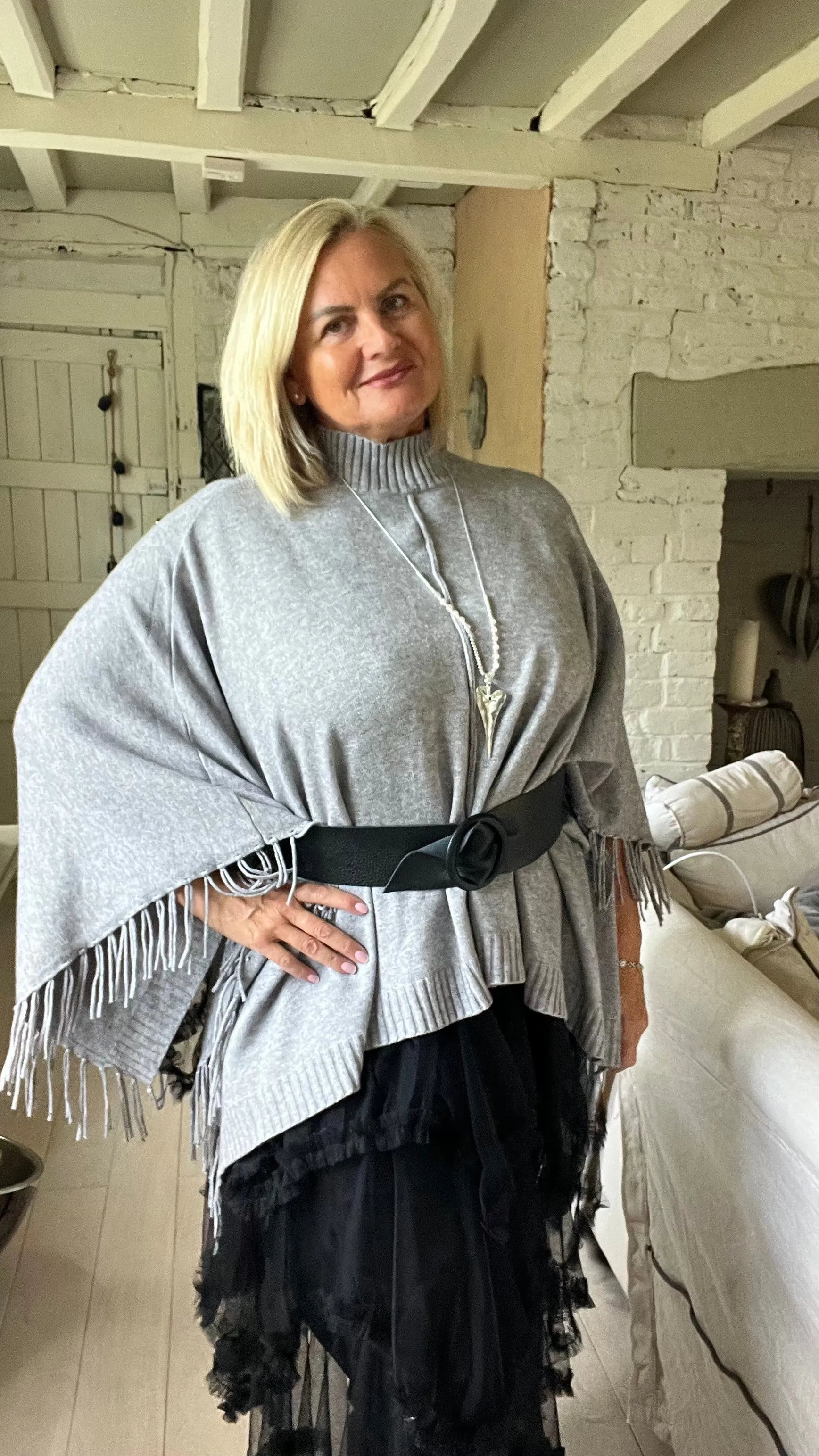 Positano Funnel Neck Open Poncho free size in Grey