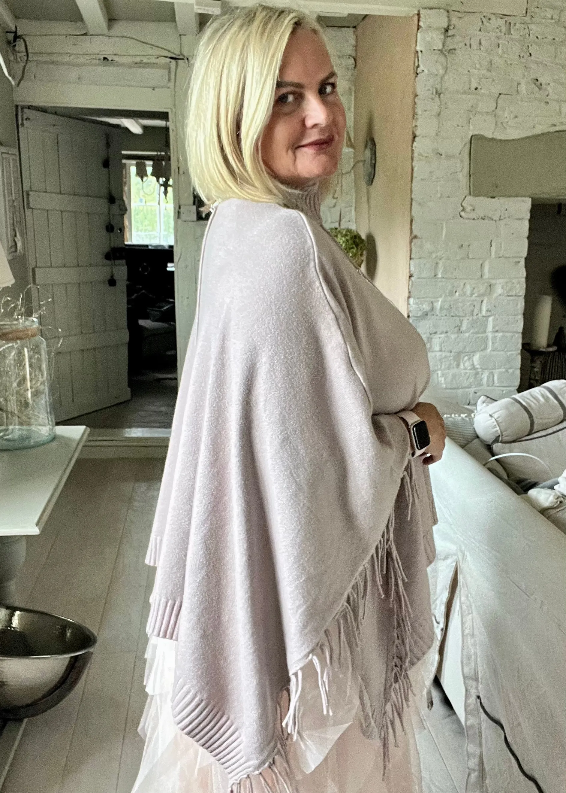 Positano Funnel Neck Open Poncho free size in Pink