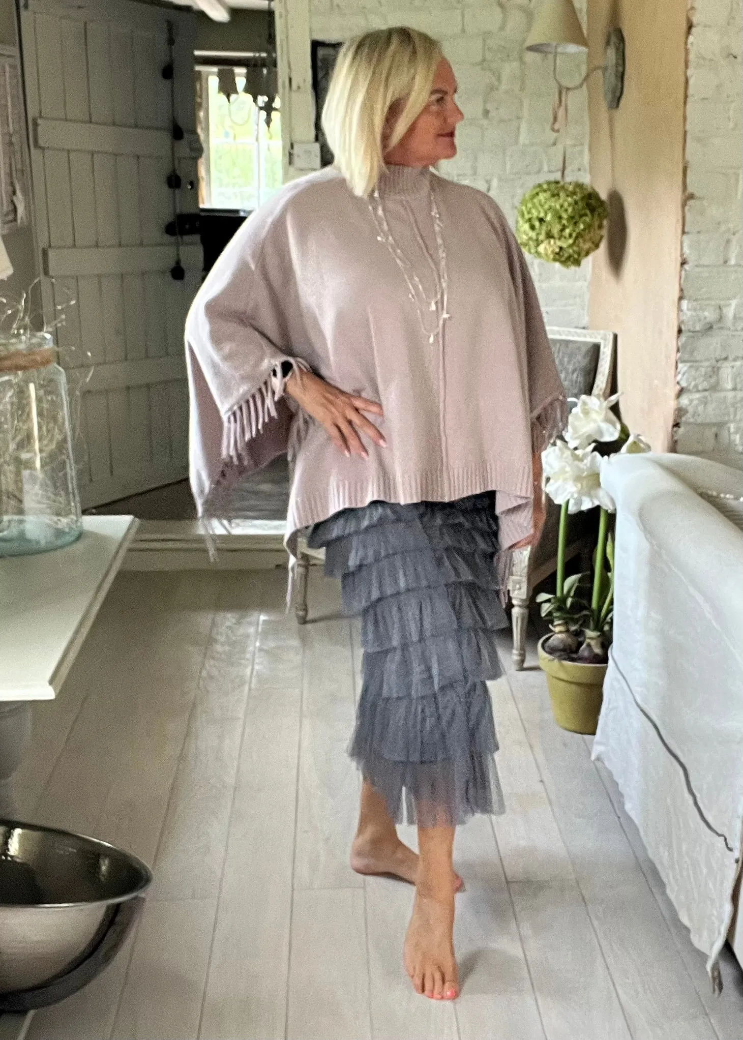 Positano Funnel Neck Open Poncho free size in Pink