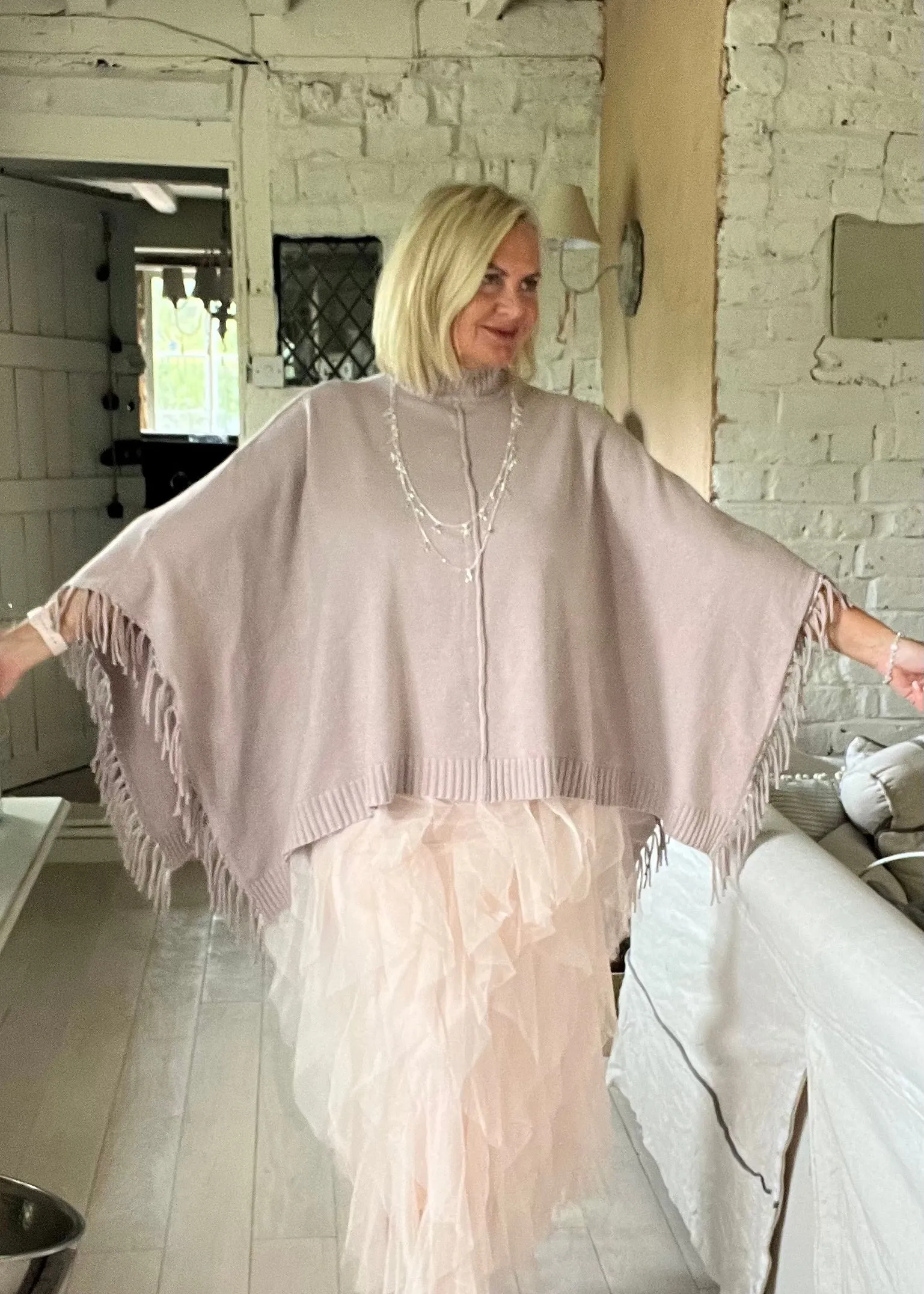 Positano Funnel Neck Open Poncho free size in Pink