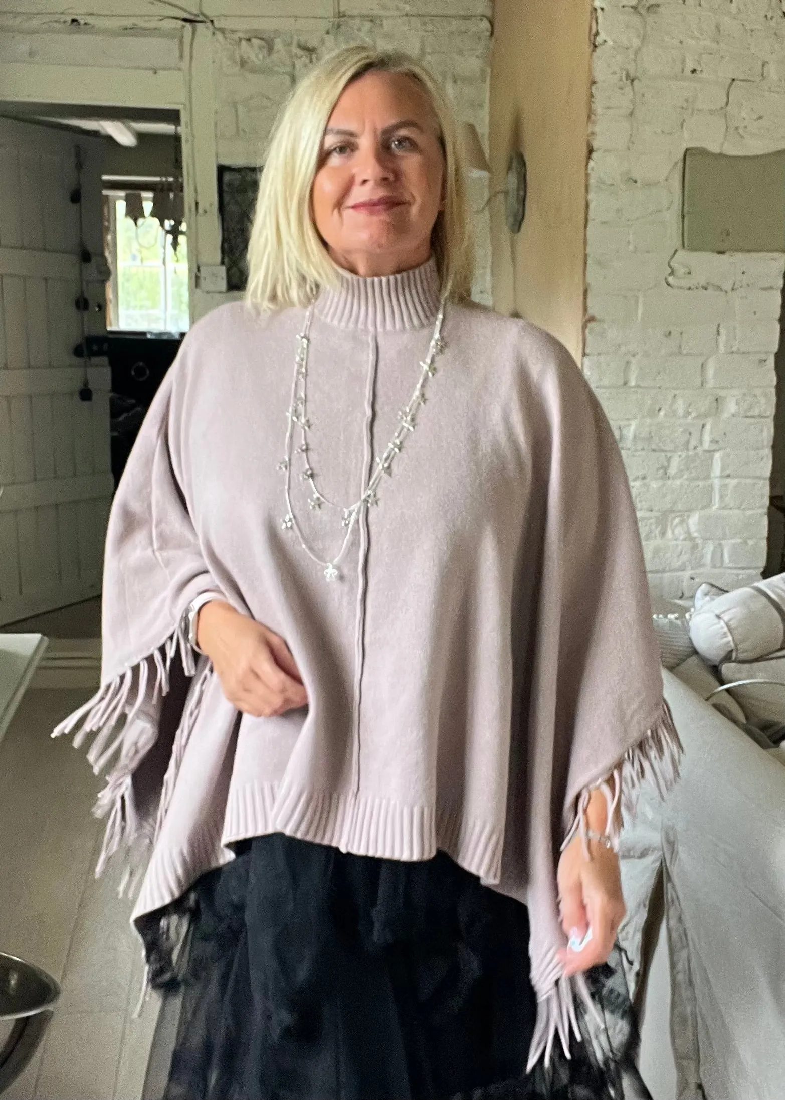 Positano Funnel Neck Open Poncho free size in Pink