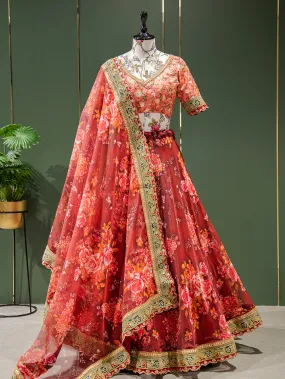 Red Color Floral Printed Organza Lehenga Choli