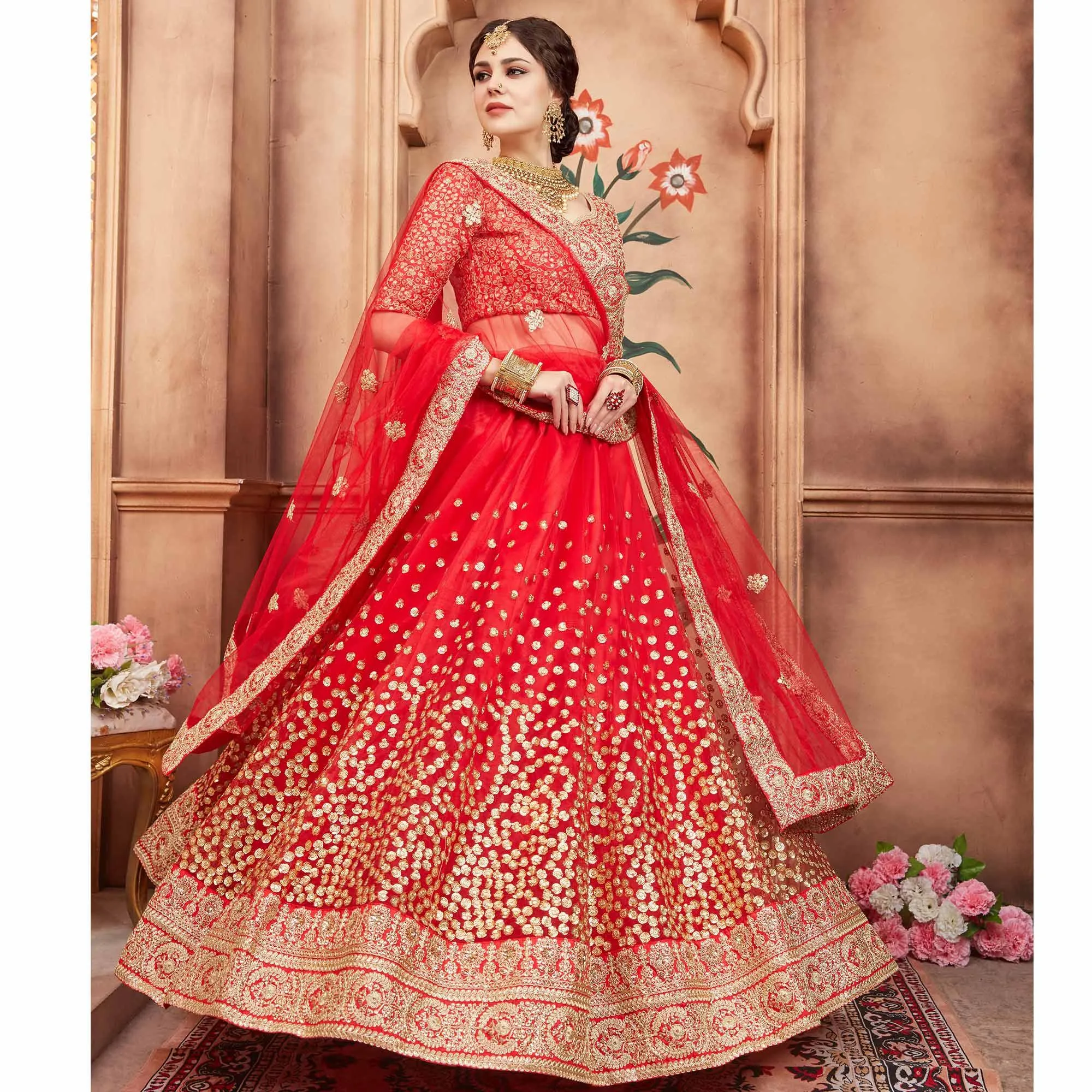 Red Festive Wear Sequins Dori Work Soft Net Lehenga Choli