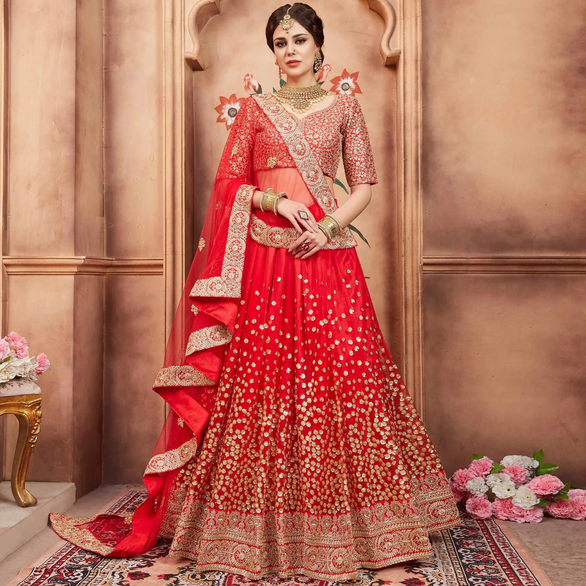 Red Festive Wear Sequins Dori Work Soft Net Lehenga Choli