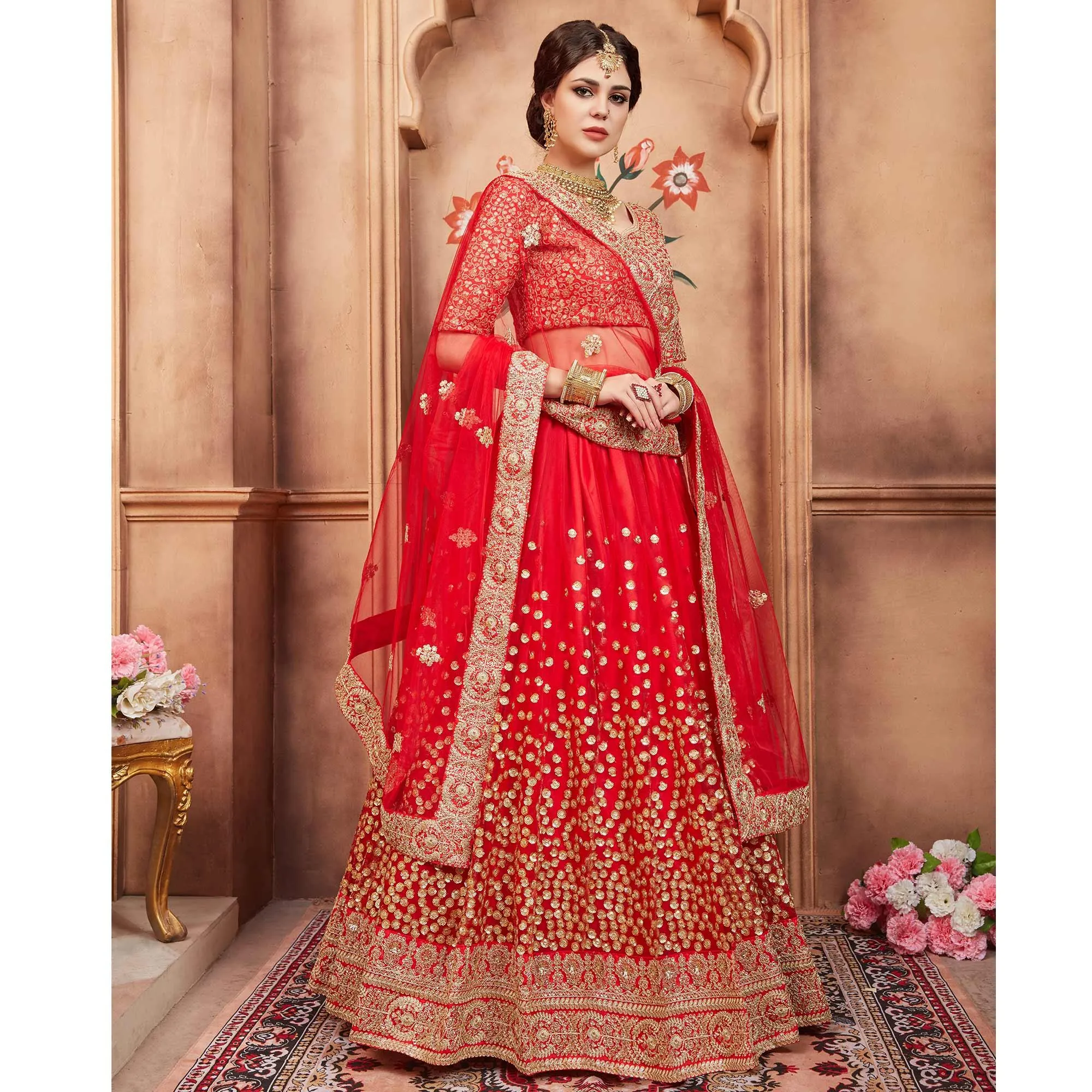 Red Festive Wear Sequins Dori Work Soft Net Lehenga Choli