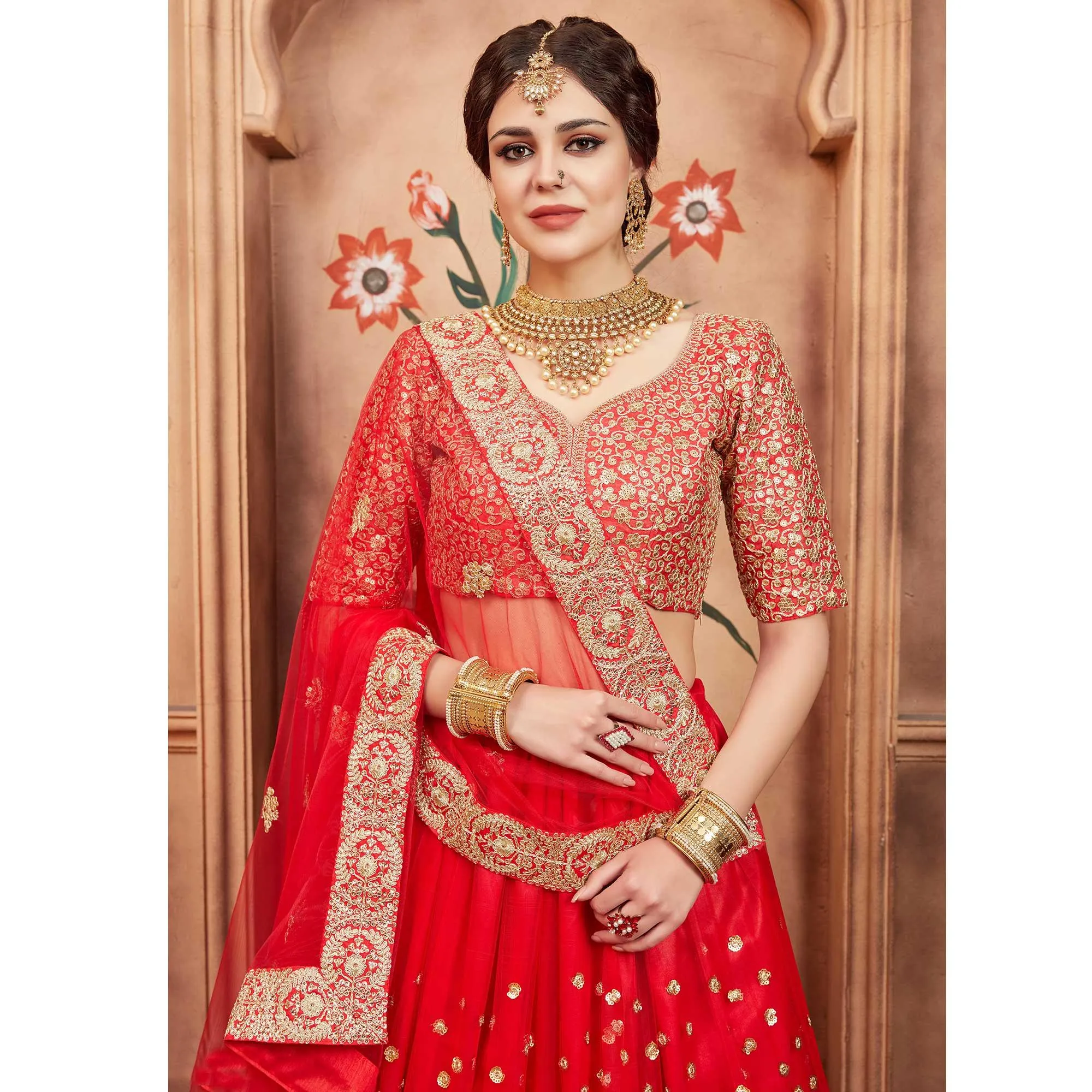 Red Festive Wear Sequins Dori Work Soft Net Lehenga Choli