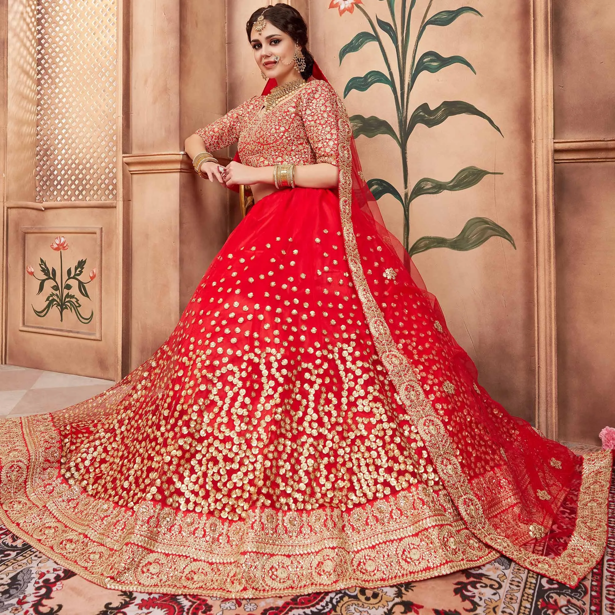 Red Festive Wear Sequins Dori Work Soft Net Lehenga Choli