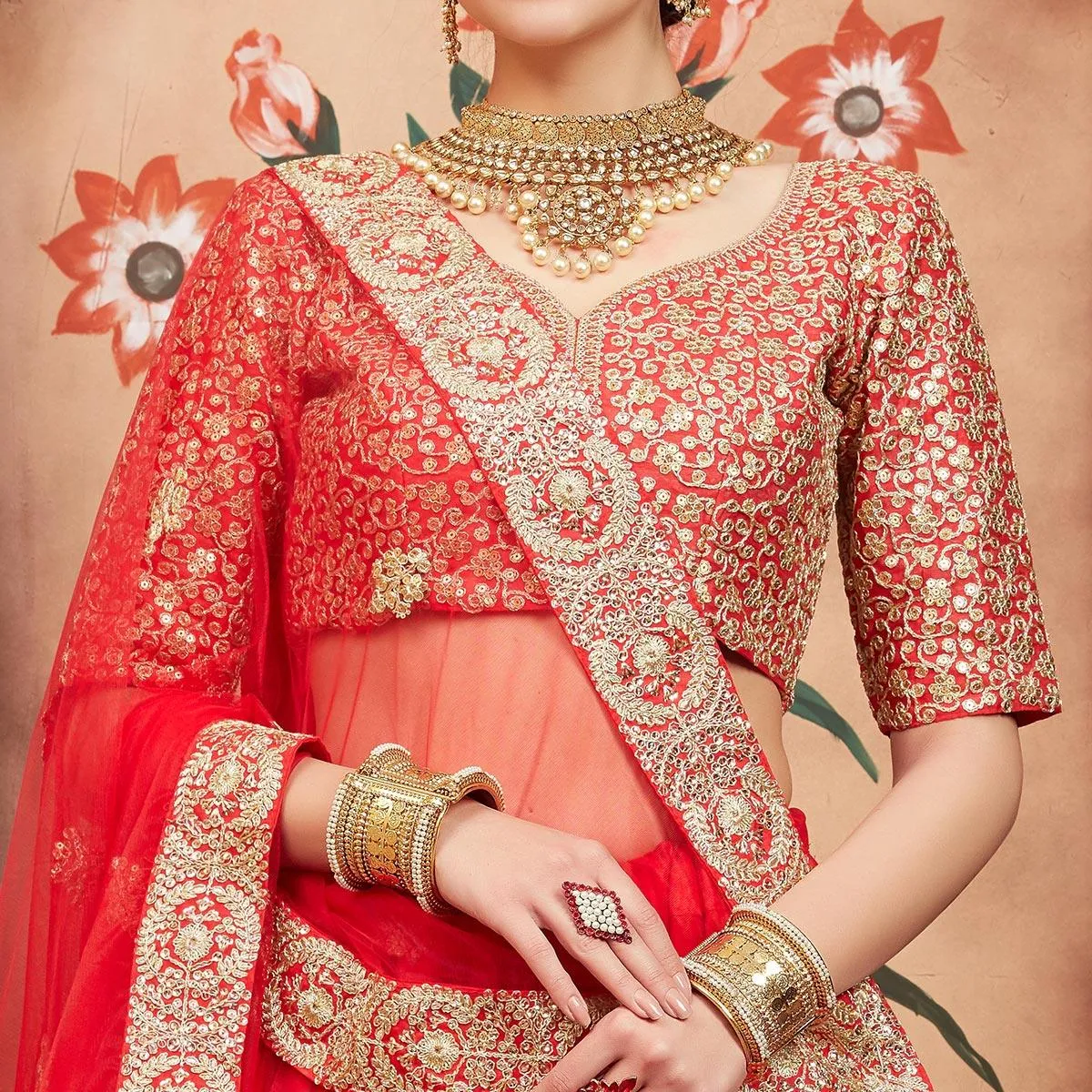 Red Festive Wear Sequins Dori Work Soft Net Lehenga Choli