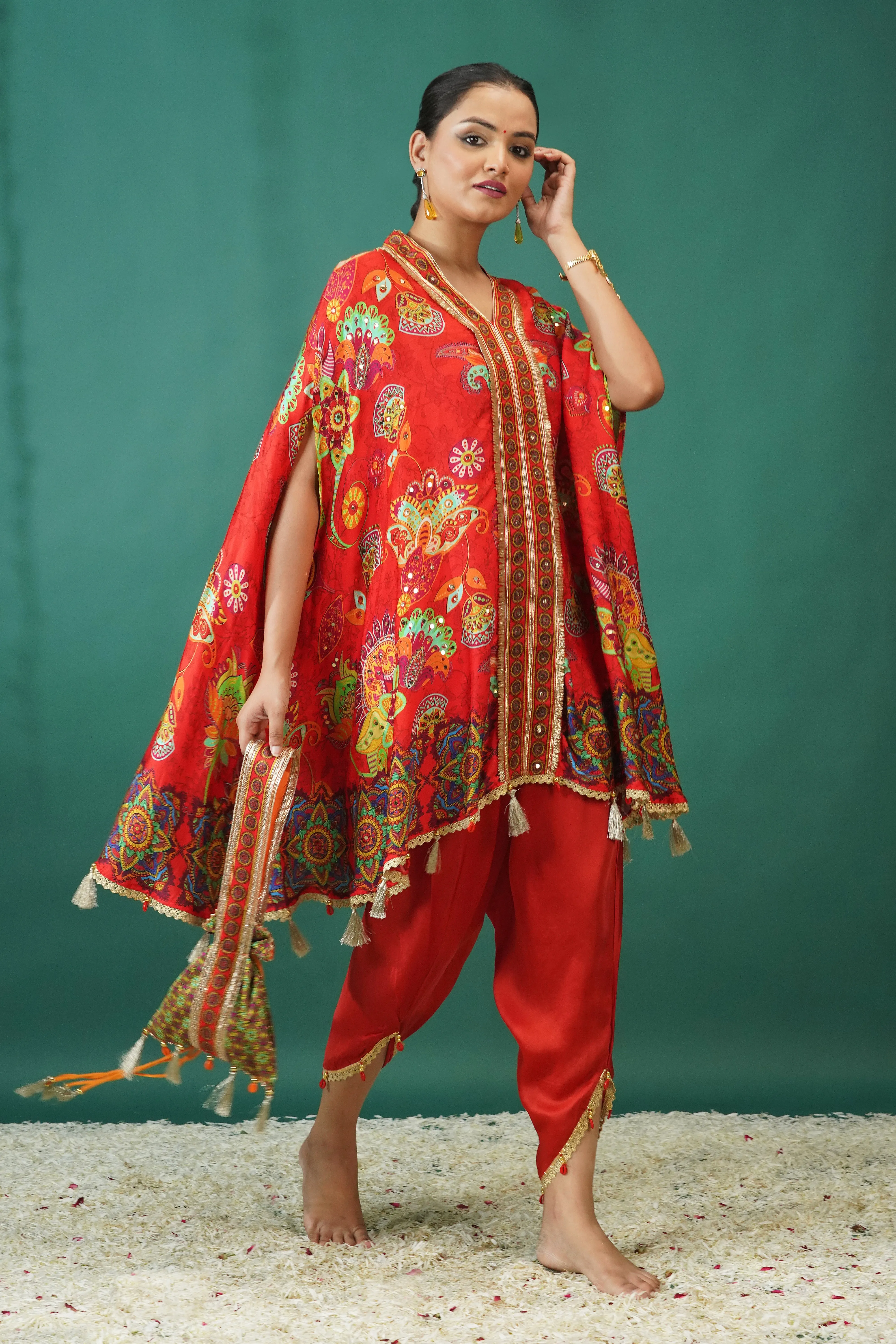 Red Floral Printed Crepe Silk Kaftan Set