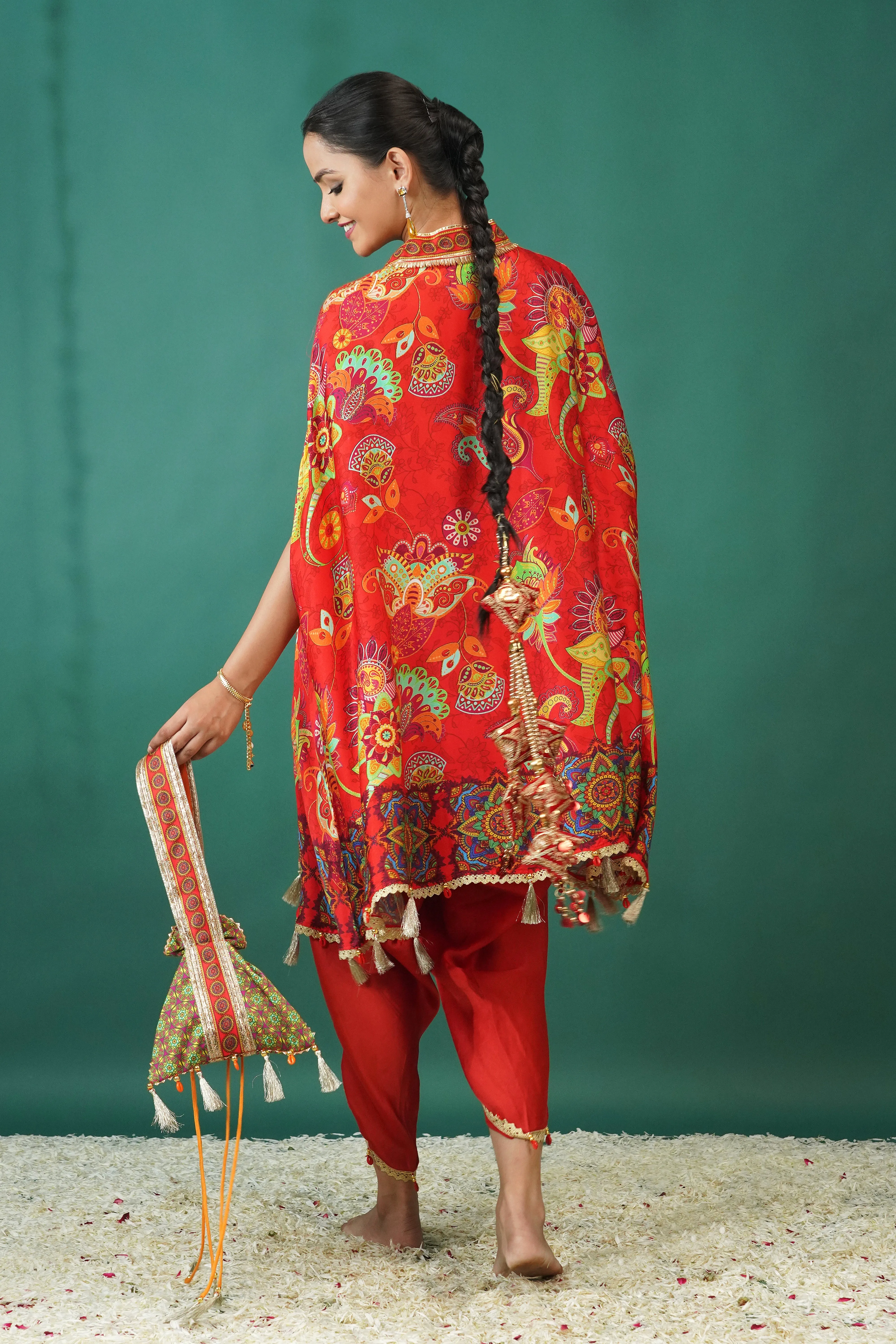 Red Floral Printed Crepe Silk Kaftan Set