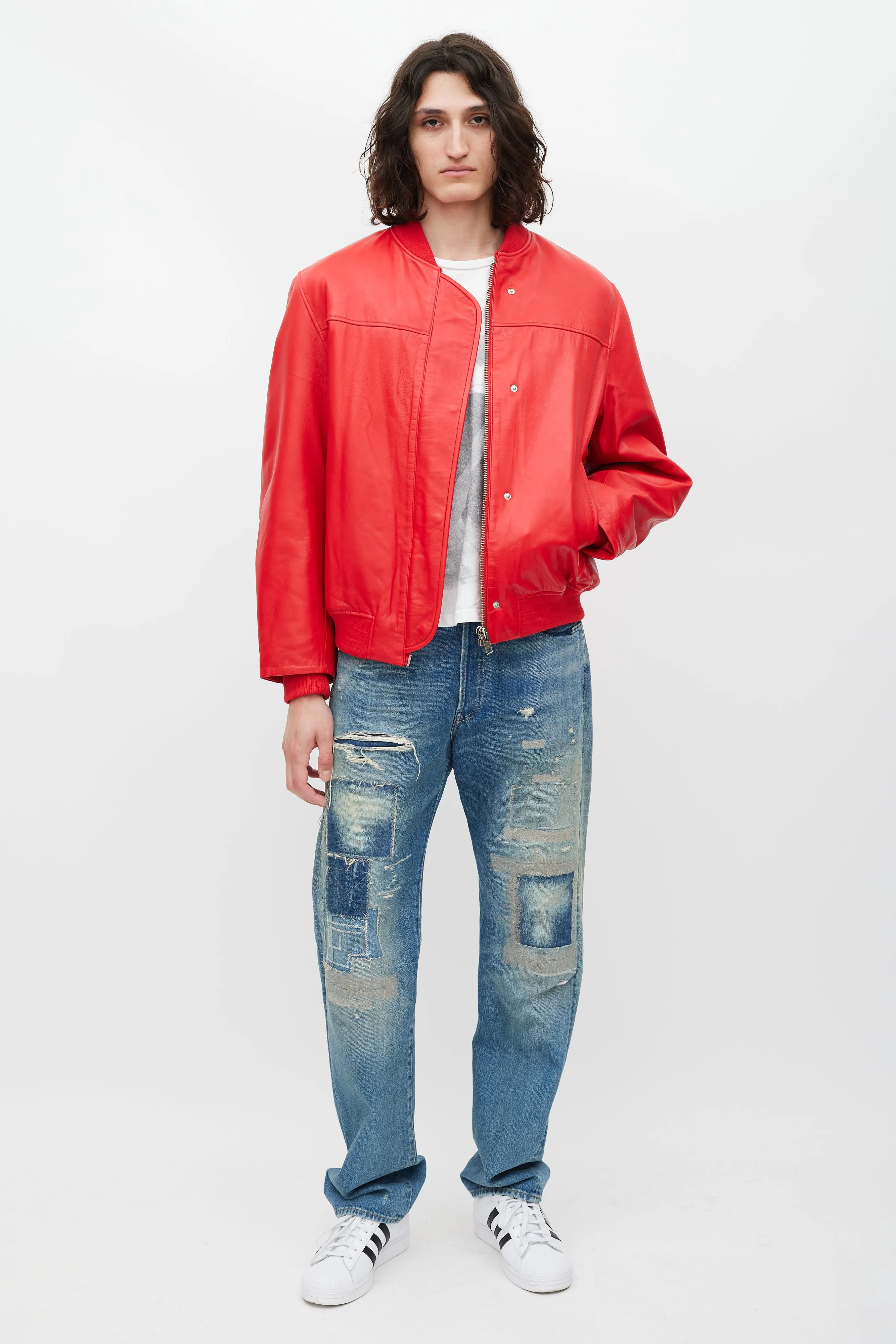 Red Padded Leather Bomber Jacket