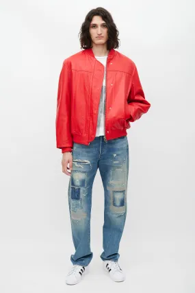 Red Padded Leather Bomber Jacket