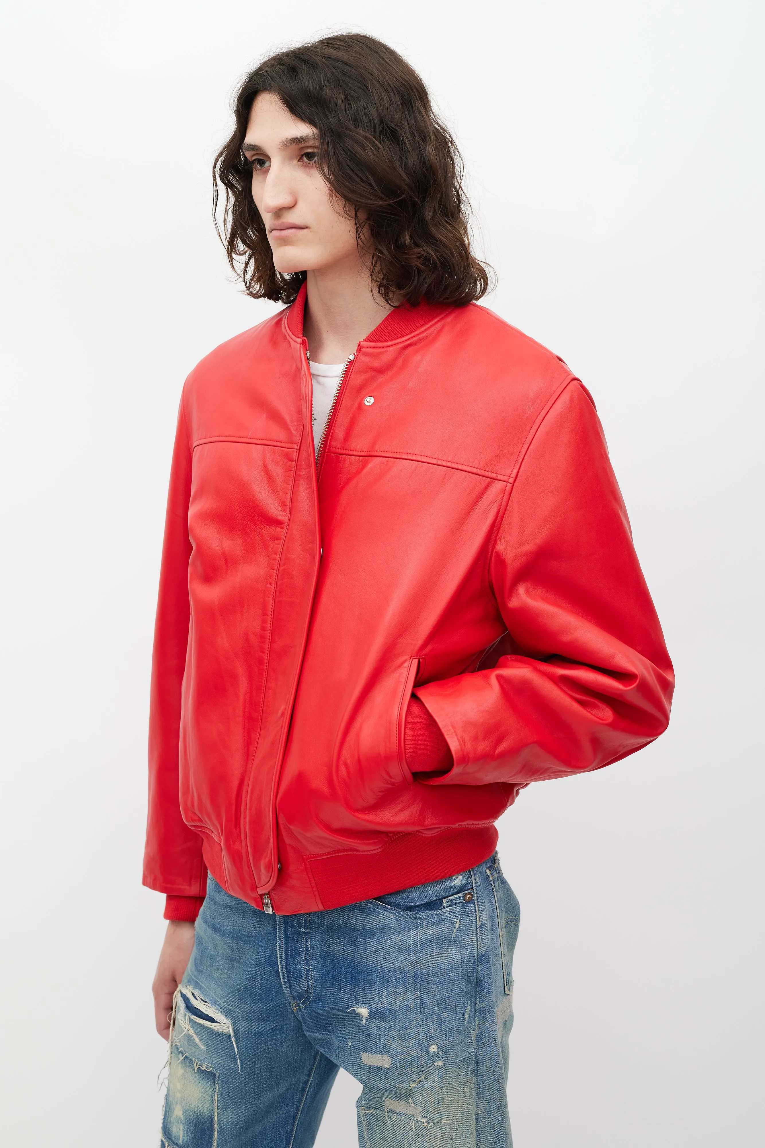 Red Padded Leather Bomber Jacket