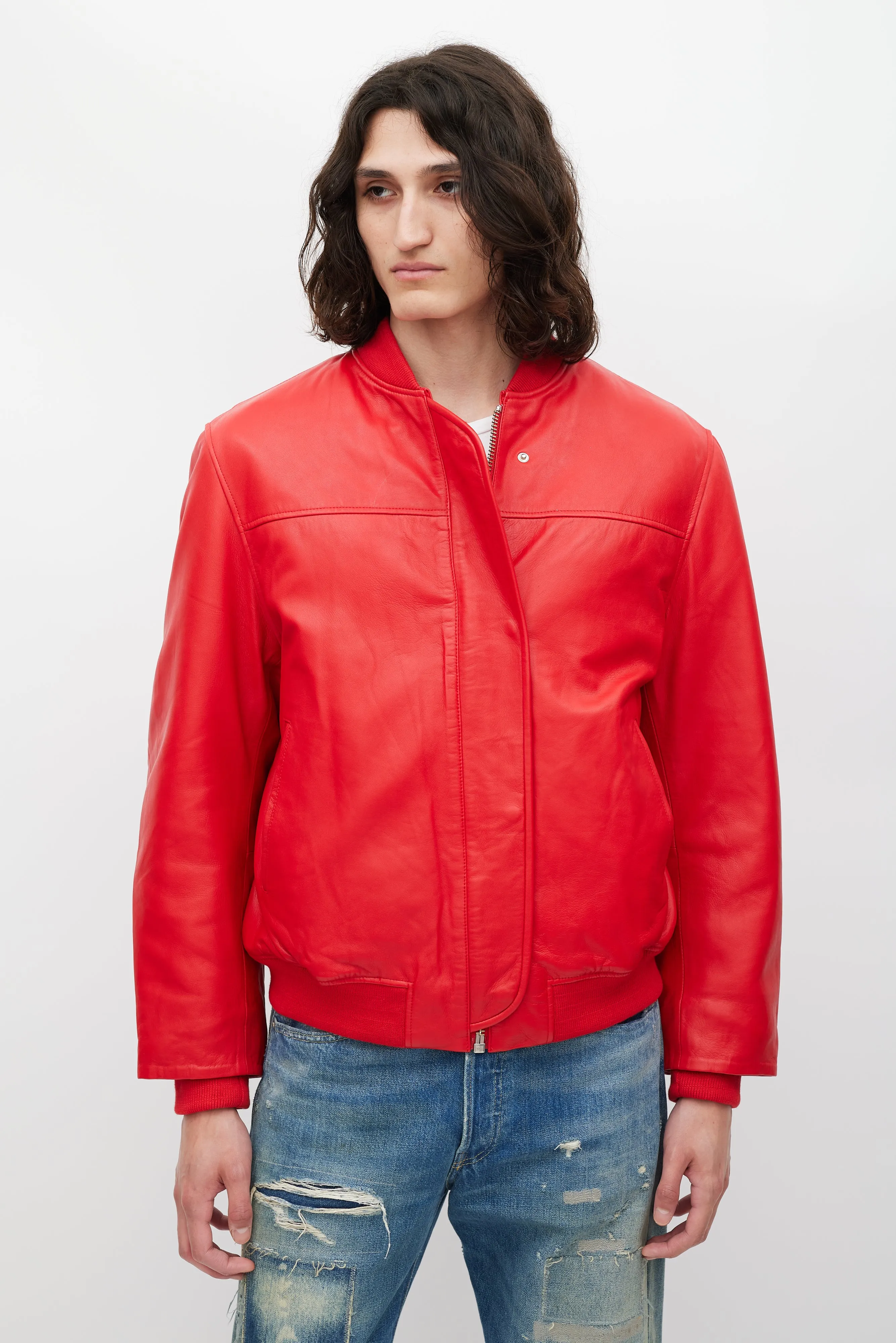 Red Padded Leather Bomber Jacket