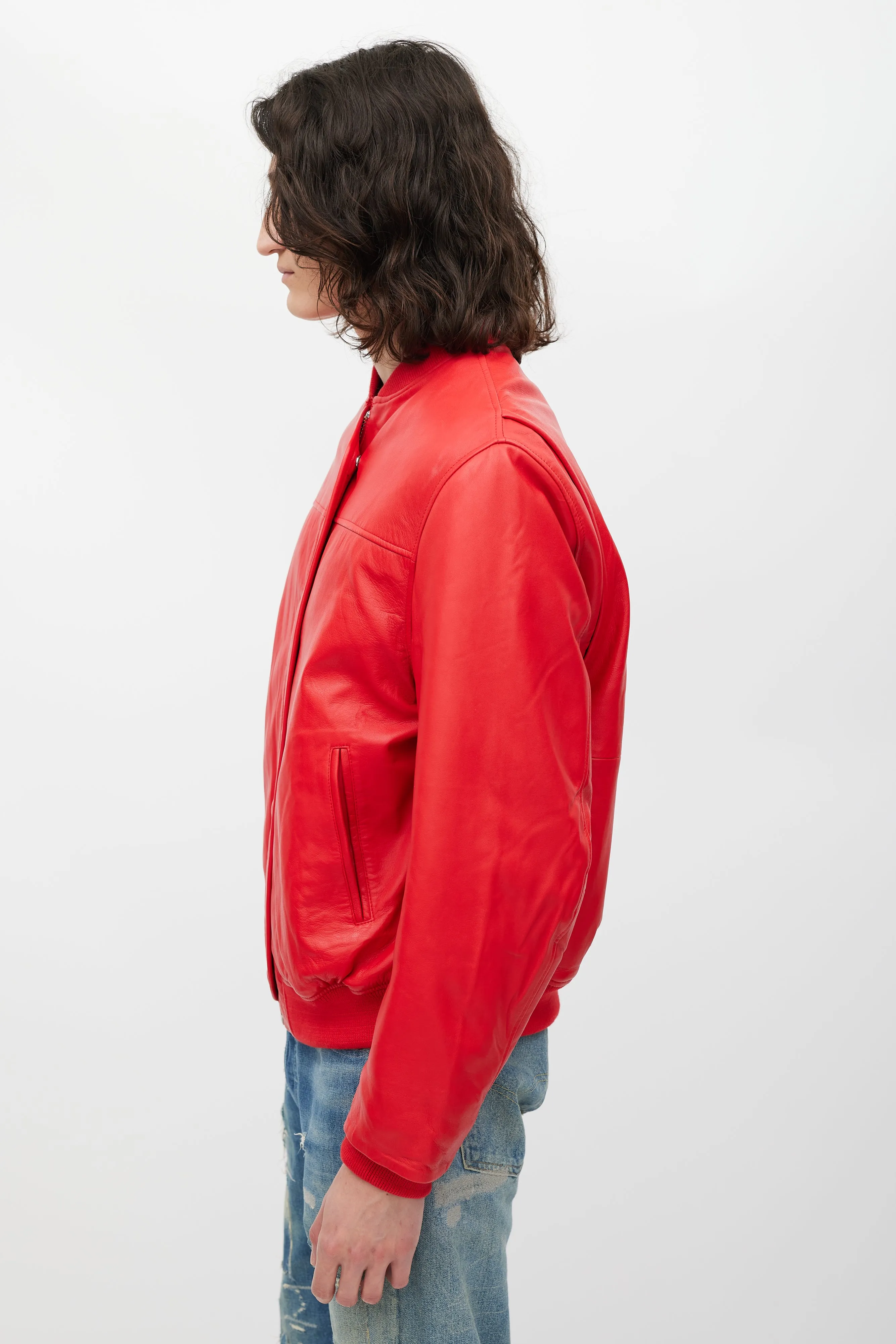 Red Padded Leather Bomber Jacket