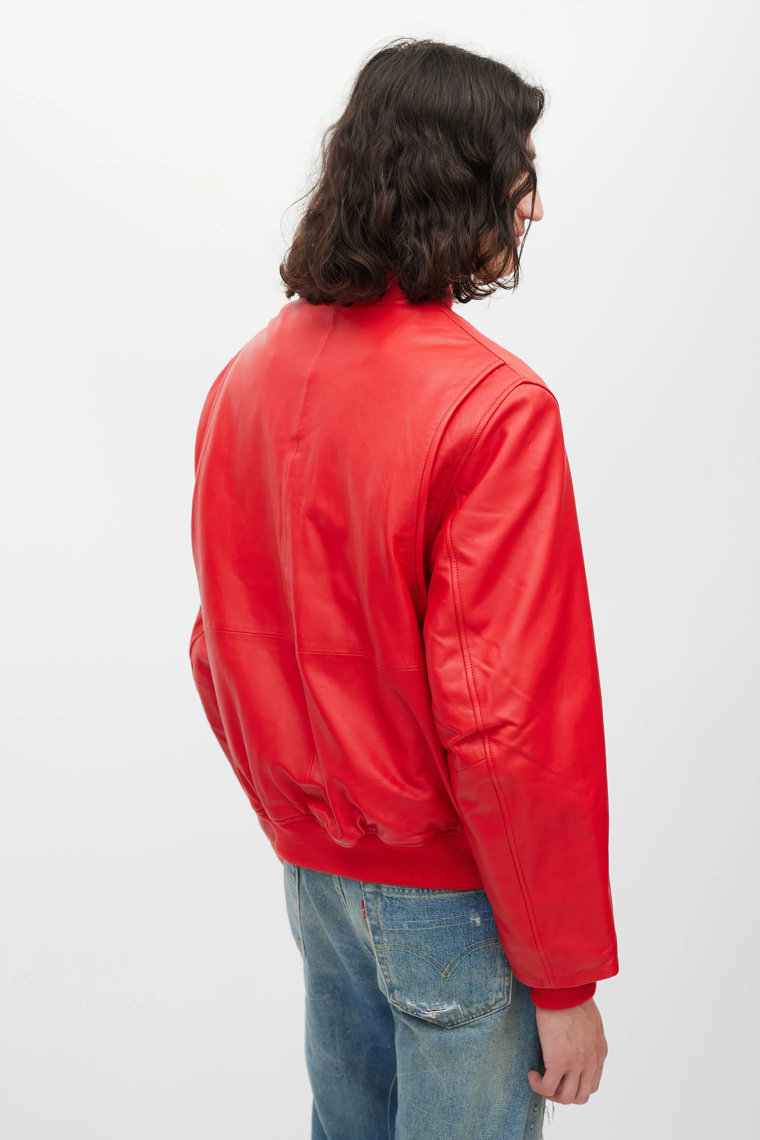 Red Padded Leather Bomber Jacket