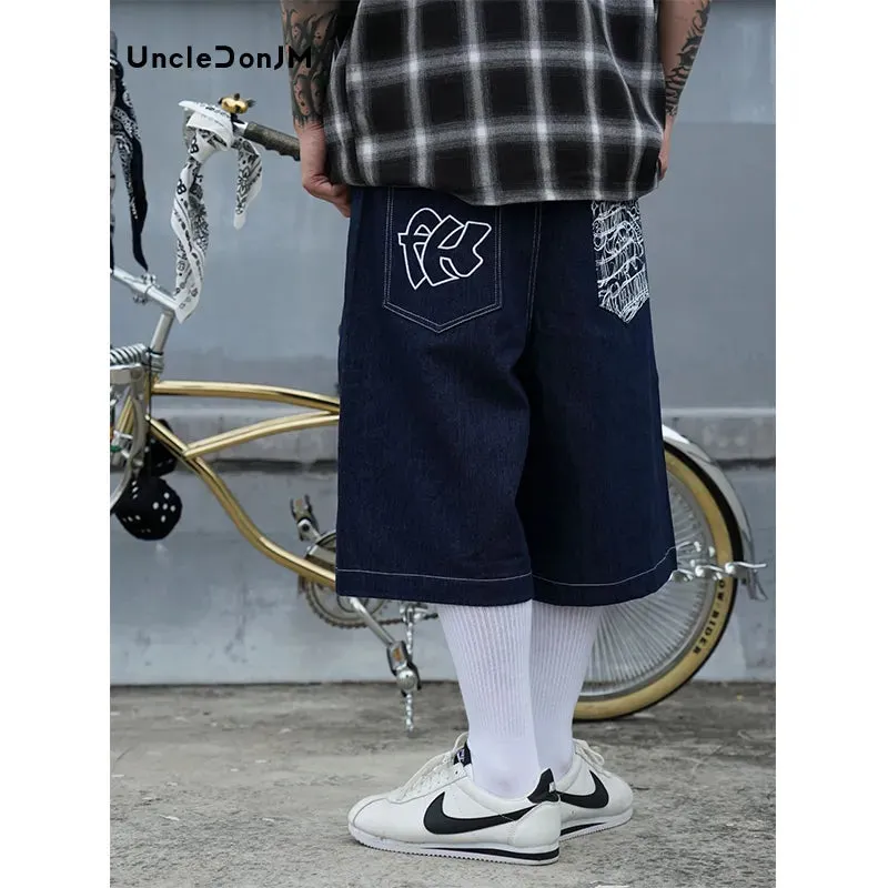 Retro Oversized Wide Leg Denim Knee Length Pants Shorts with Pockets Embroidery Print