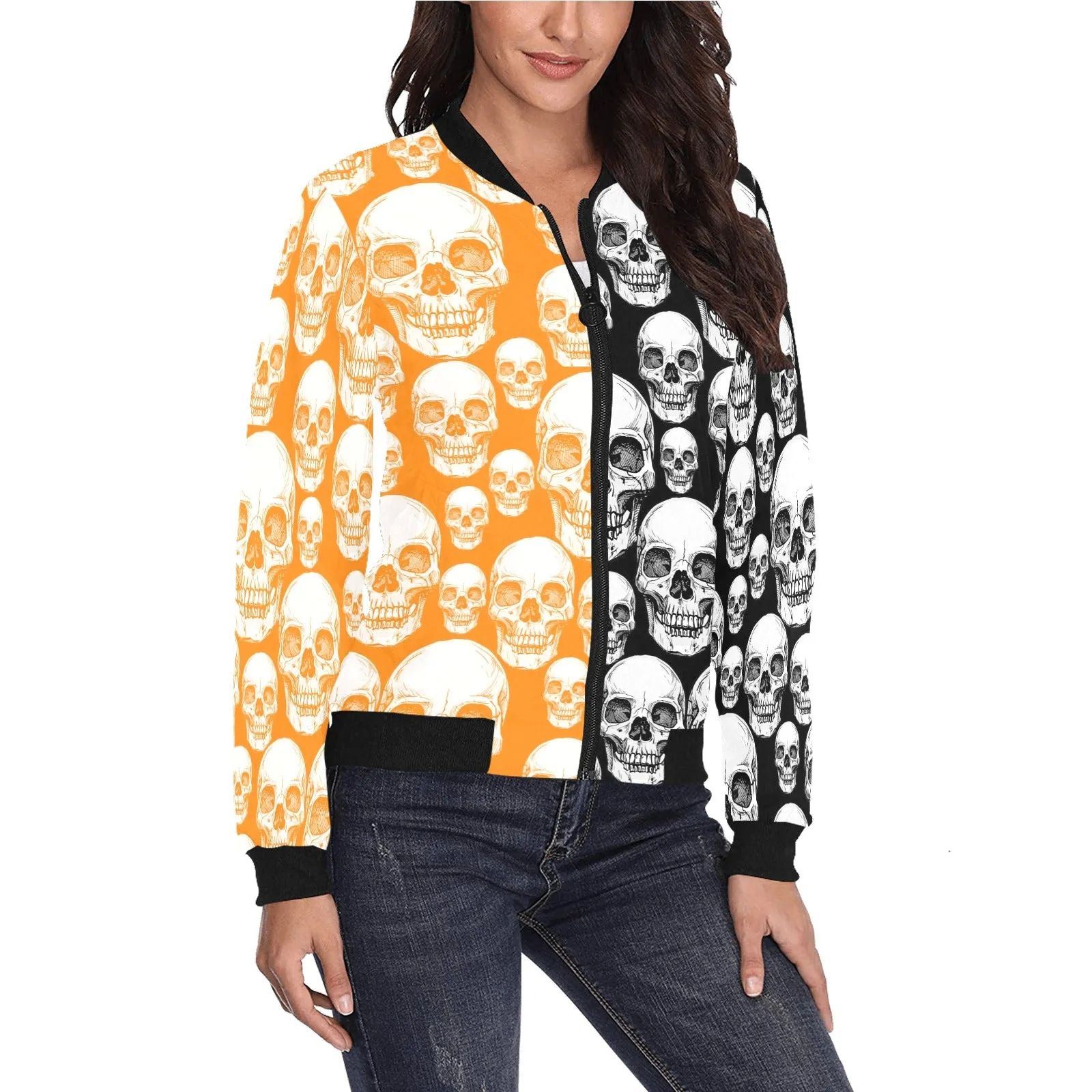 reverse orange black skull nation hoodie print 2A All Over Print Bomber Jacket for Women (Model H36)