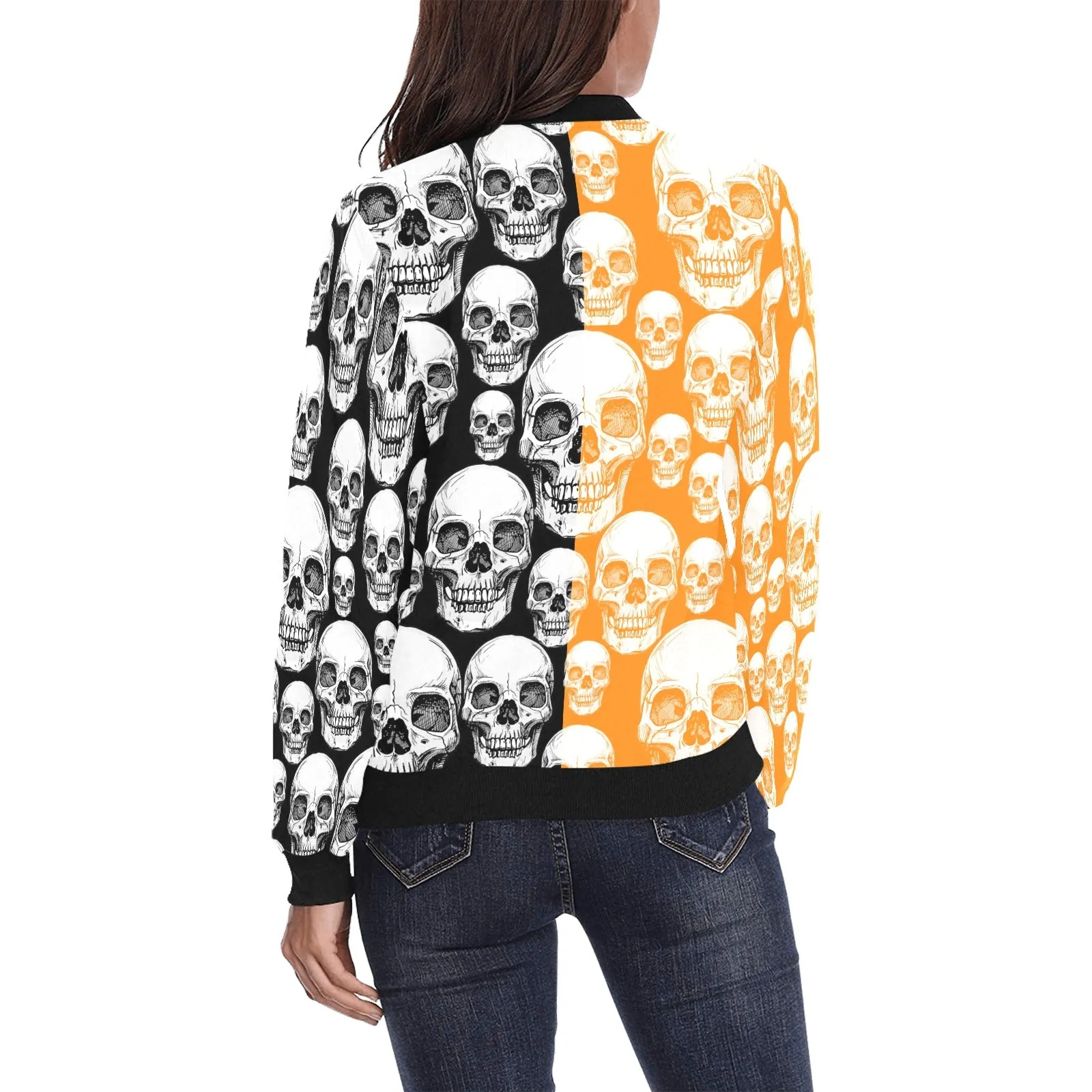 reverse orange black skull nation hoodie print 2A All Over Print Bomber Jacket for Women (Model H36)