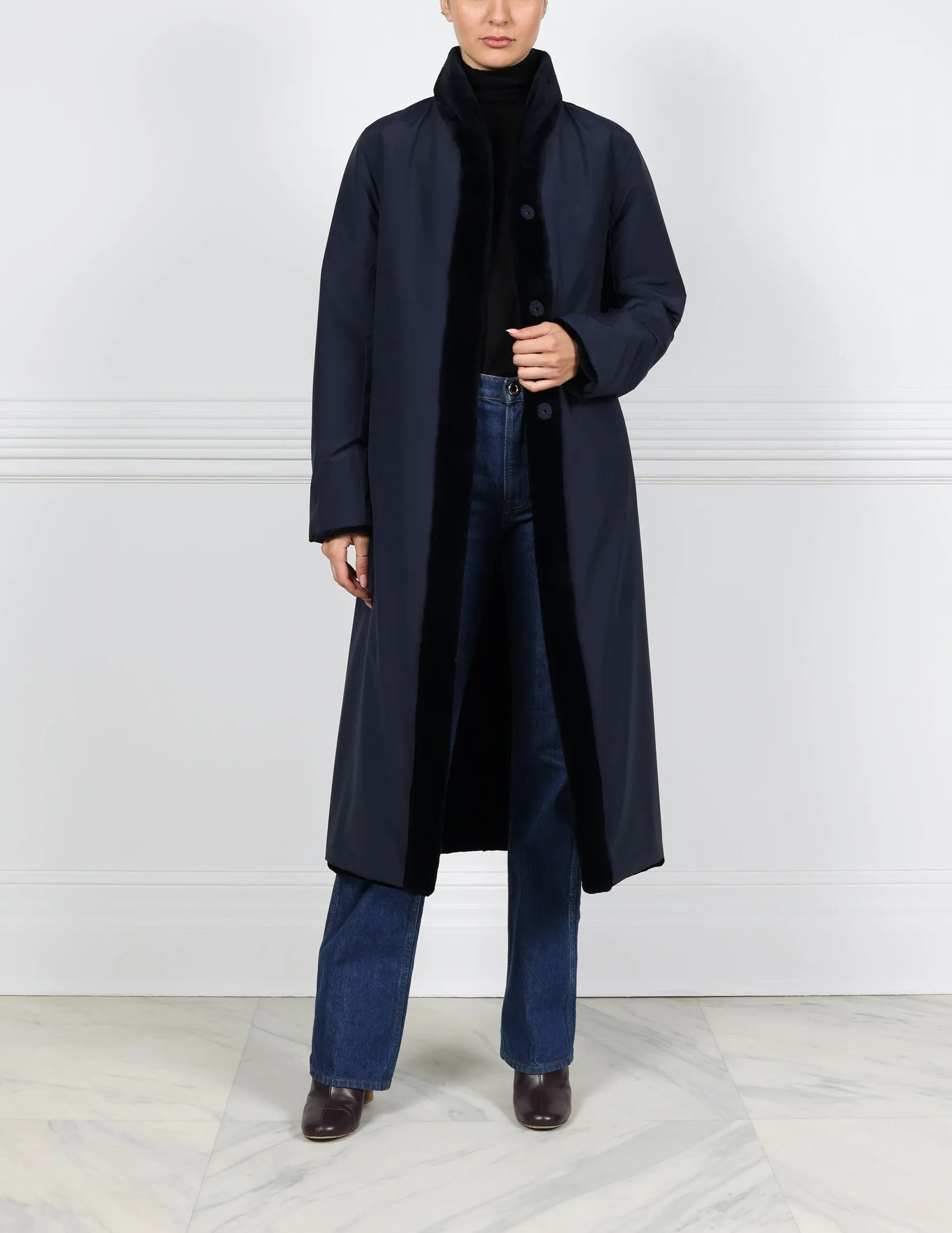 Reversible Horizontal Sheared Mink Stormcoat in Navy