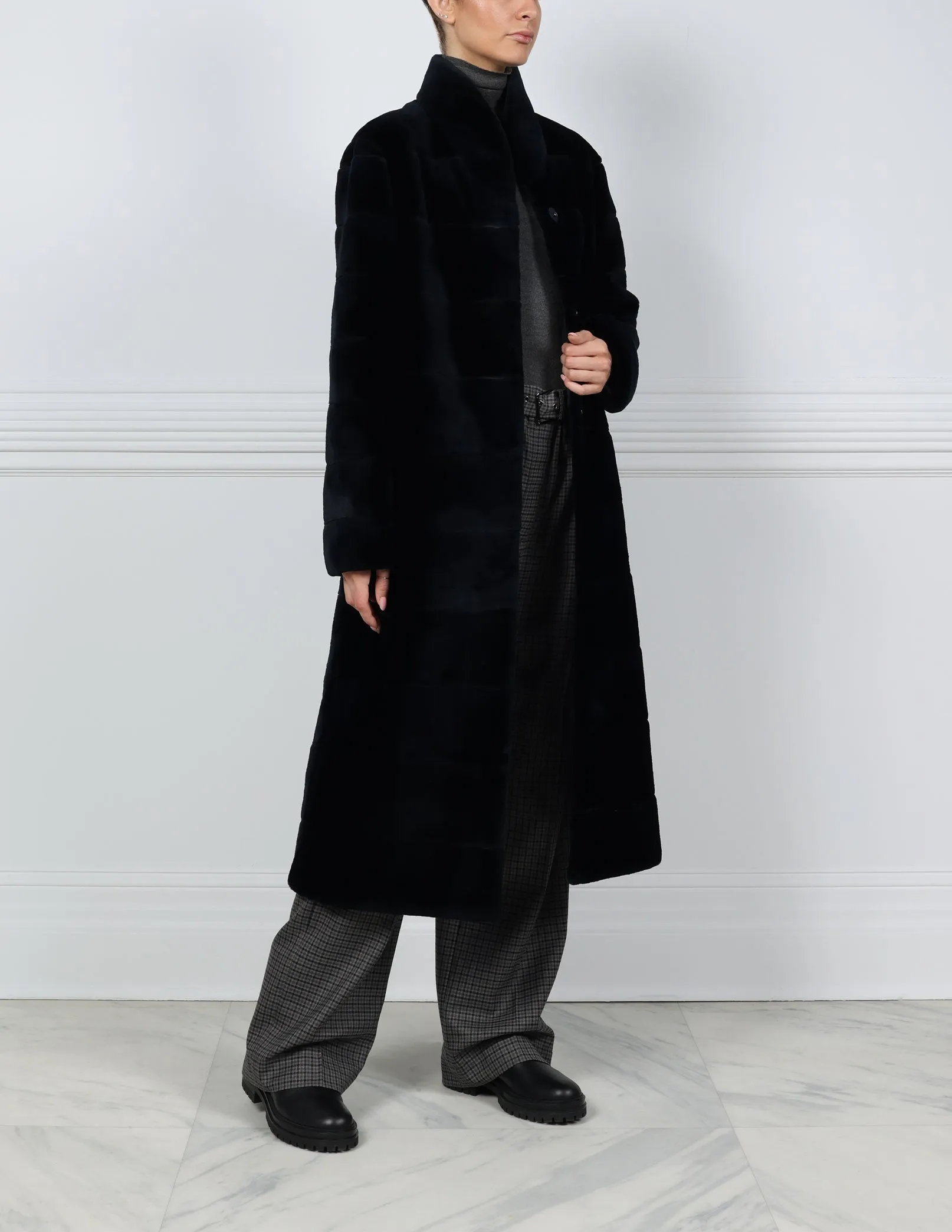 Reversible Horizontal Sheared Mink Stormcoat in Navy