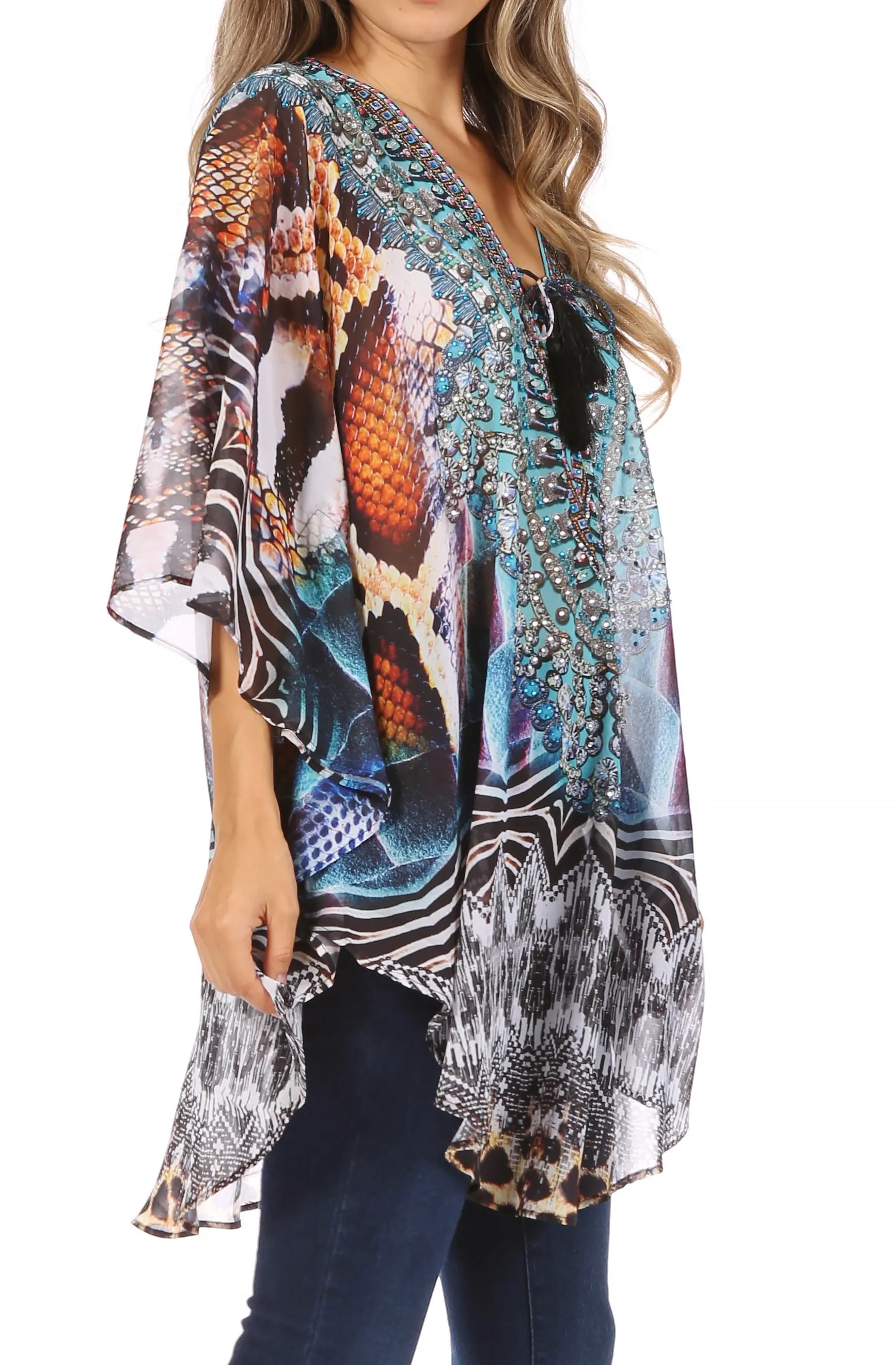 Sakkas Sloane Women's Printed V Neck Loose Fit Casual Circle Top Blouse with Ties