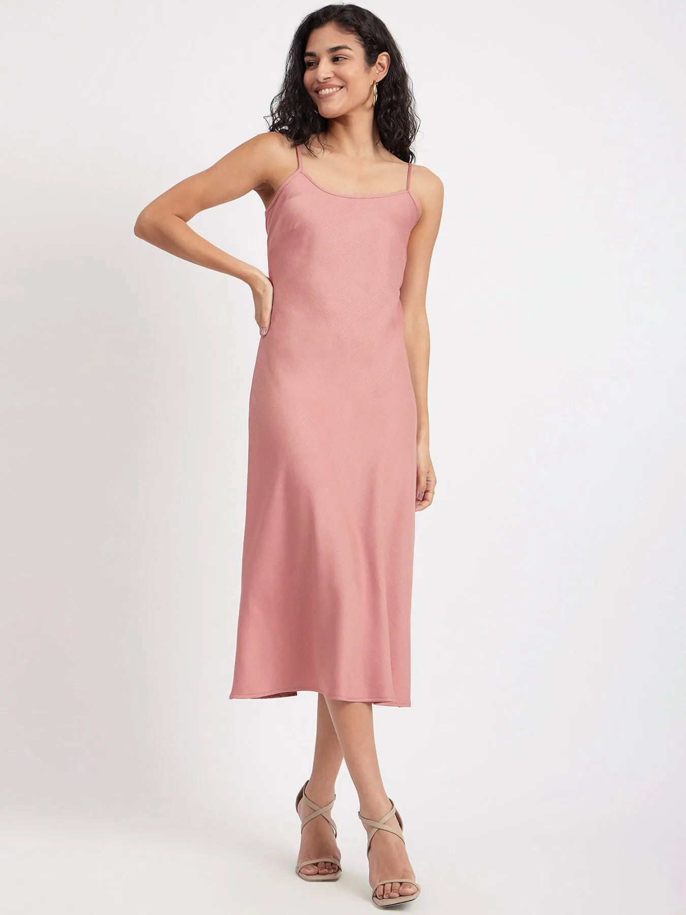 Satin Round Neck Slip Dress - Dusty Pink