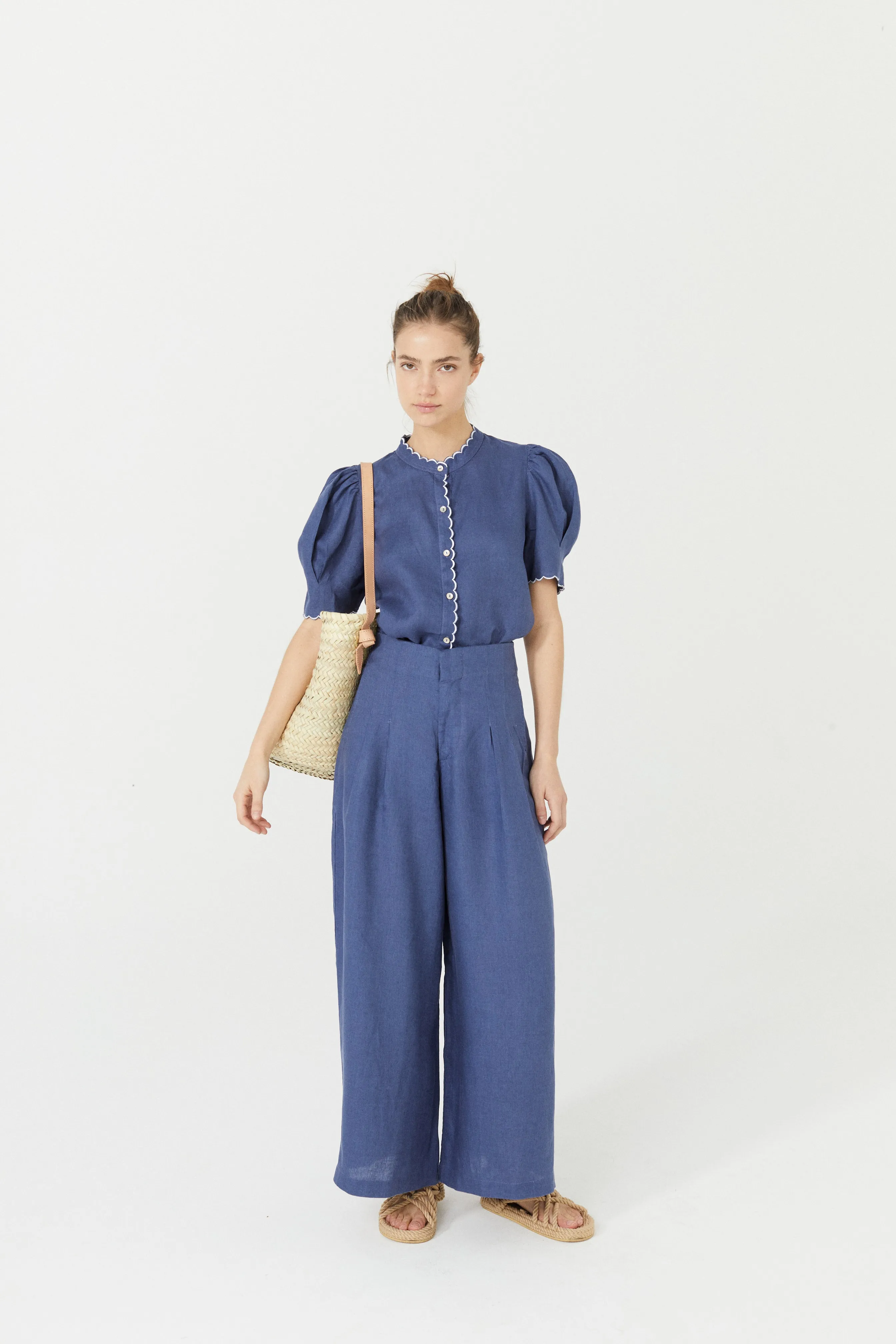 Scallop Linen Shirt - Deep Blue