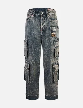 Seagull Print and Multi-Pockets Acid Wash Baggy Cargo Jeans