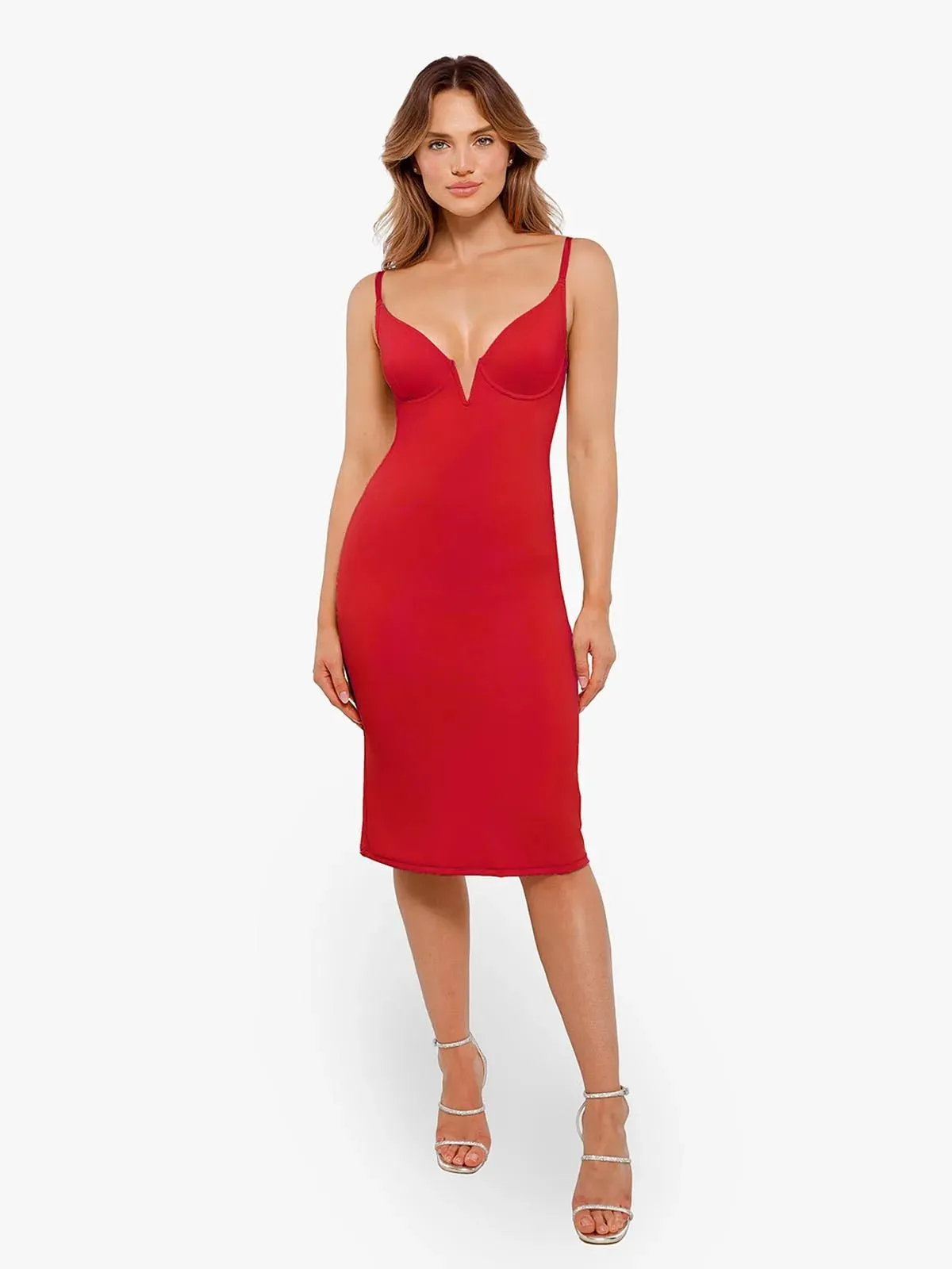 Shapewear Two-in-One Heat-Set Crystal Mesh Slim Midi Dress For Insiders