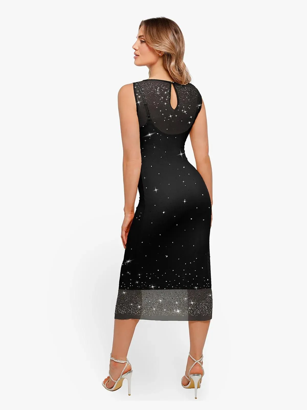 Shapewear Two-in-One Heat-Set Crystal Mesh Slim Midi Dress For Insiders