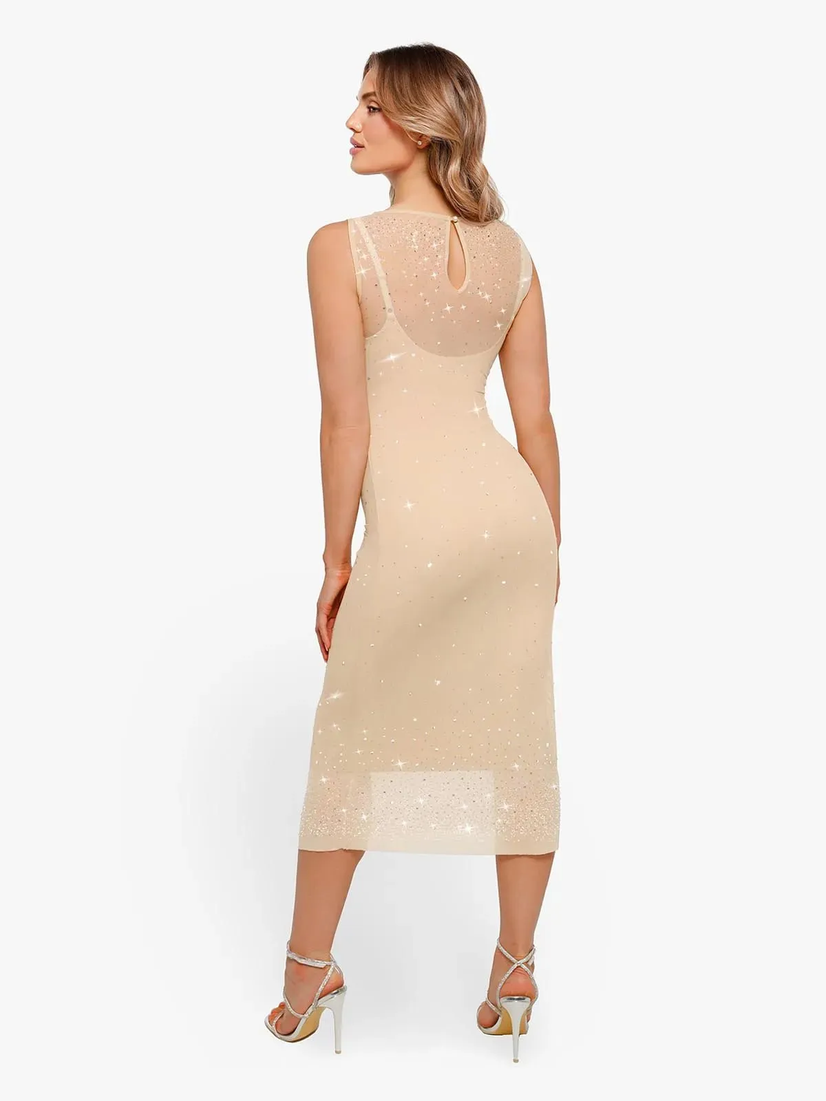 Shapewear Two-in-One Heat-Set Crystal Mesh Slim Midi Dress For Insiders