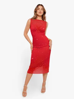 Shapewear Two-in-One Heat-Set Crystal Mesh Slim Midi Dress For Insiders