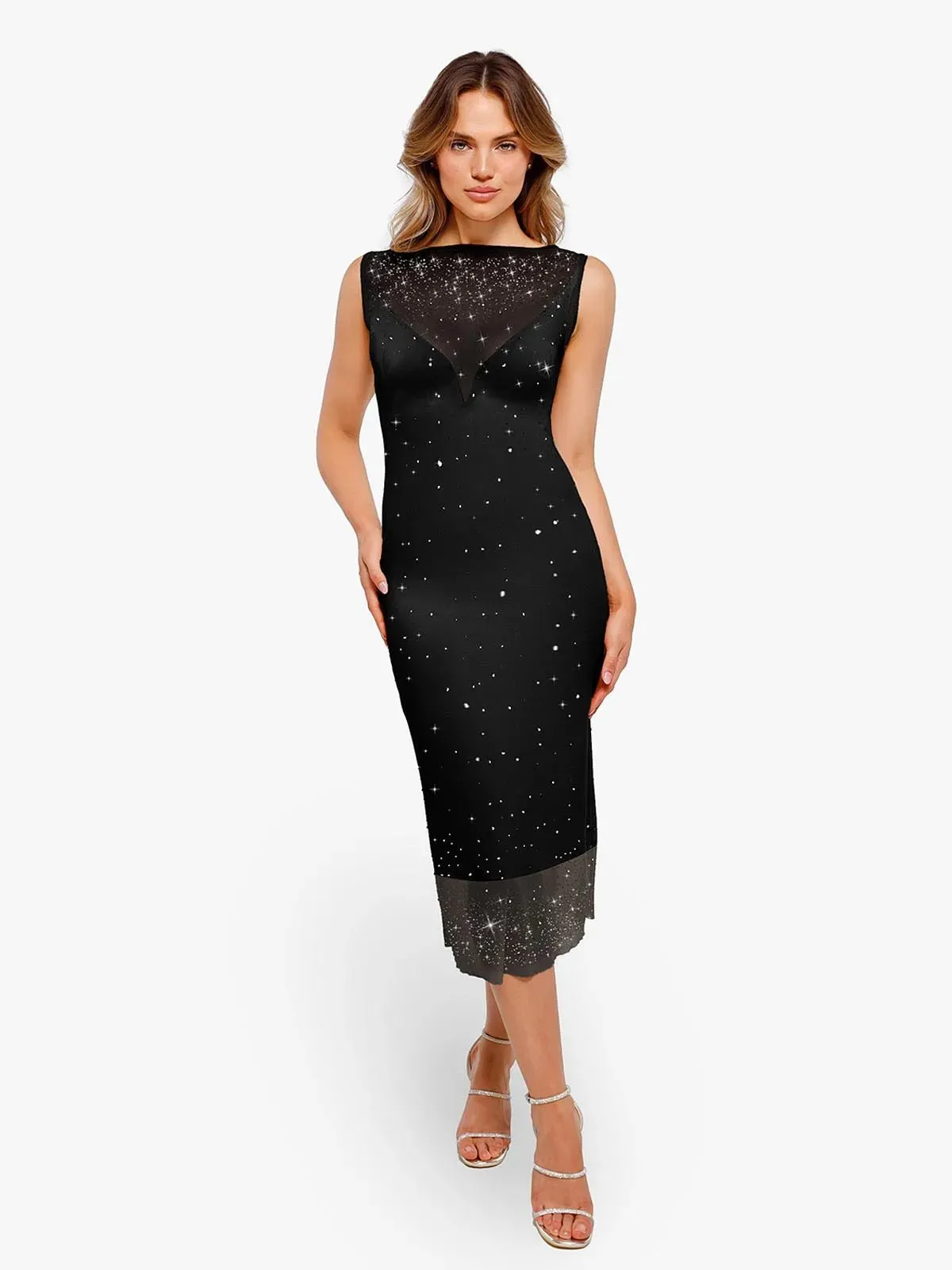 Shapewear Two-in-One Heat-Set Crystal Mesh Slim Midi Dress For Insiders