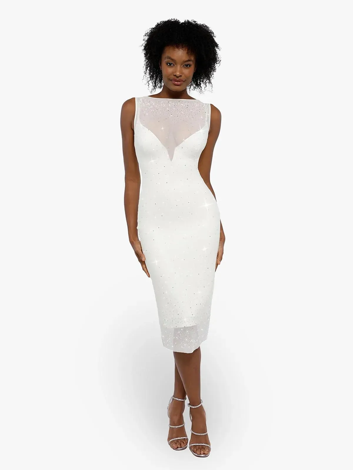 Shapewear Two-in-One Heat-Set Crystal Mesh Slim Midi Dress