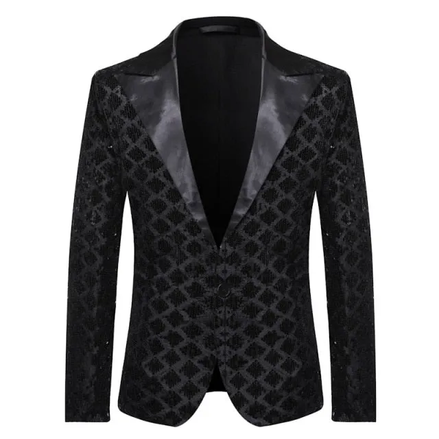 Shiny Sequin Glitter Plaid Tuxedo Men Blazer