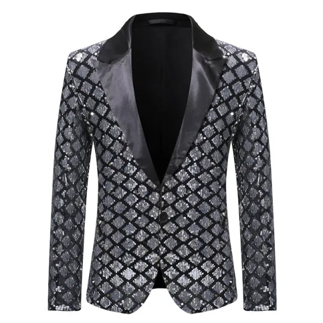 Shiny Sequin Glitter Plaid Tuxedo Men Blazer