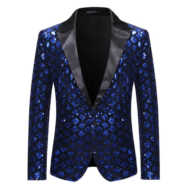 Shiny Sequin Glitter Plaid Tuxedo Men Blazer