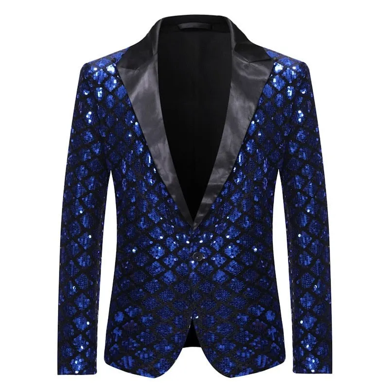 Shiny Sequin Glitter Plaid Tuxedo Men Blazer