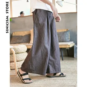 Sinicism Store Man Cotton Linen Wild Leg Pants Men Casual Stripe Straight Pants 2018 Male Full-Length Traditional Pants Trousers