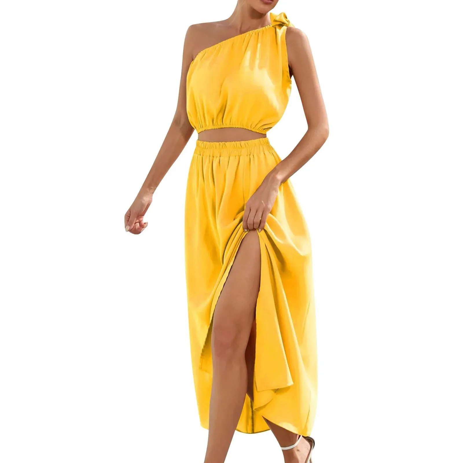 Skew Collar High Waist Split Korean Bandage Sleeveless Casual Fashionable Dress