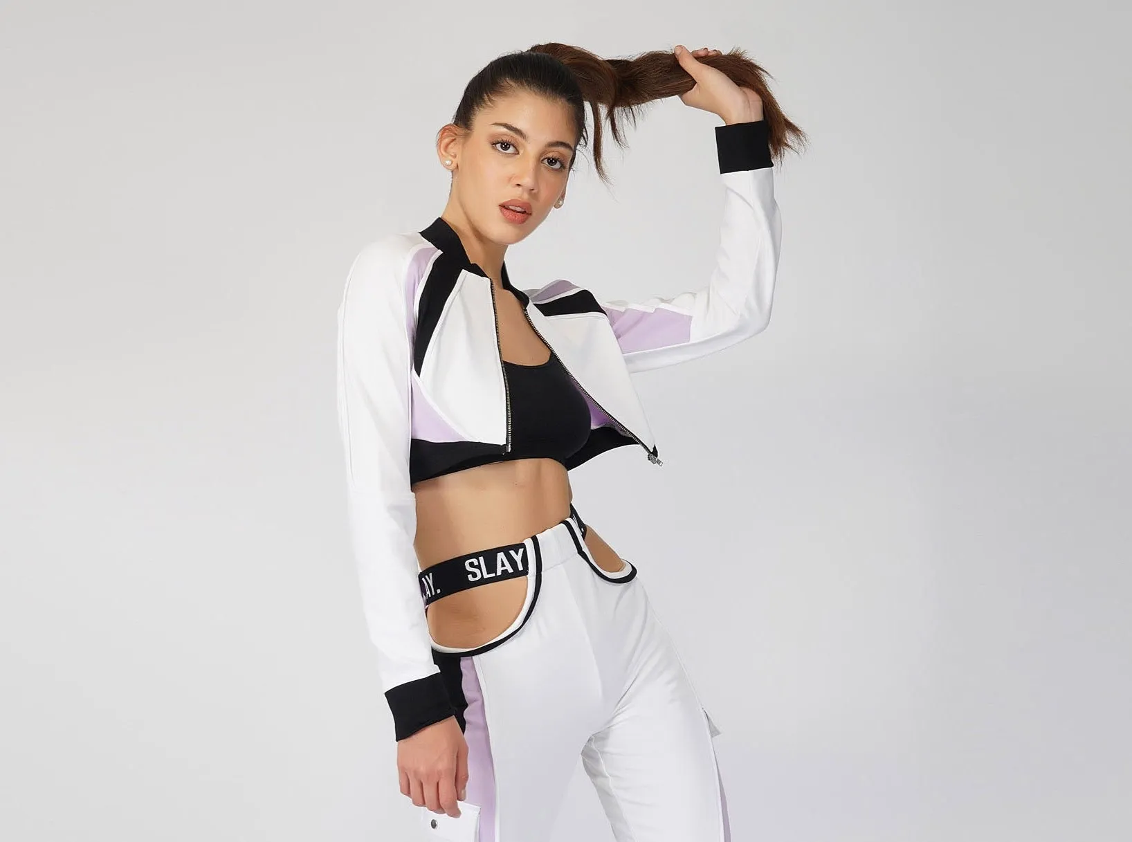 SLAY. Women's Activewear Crop Jacket Lavender Lilac Colorblock Streetwear